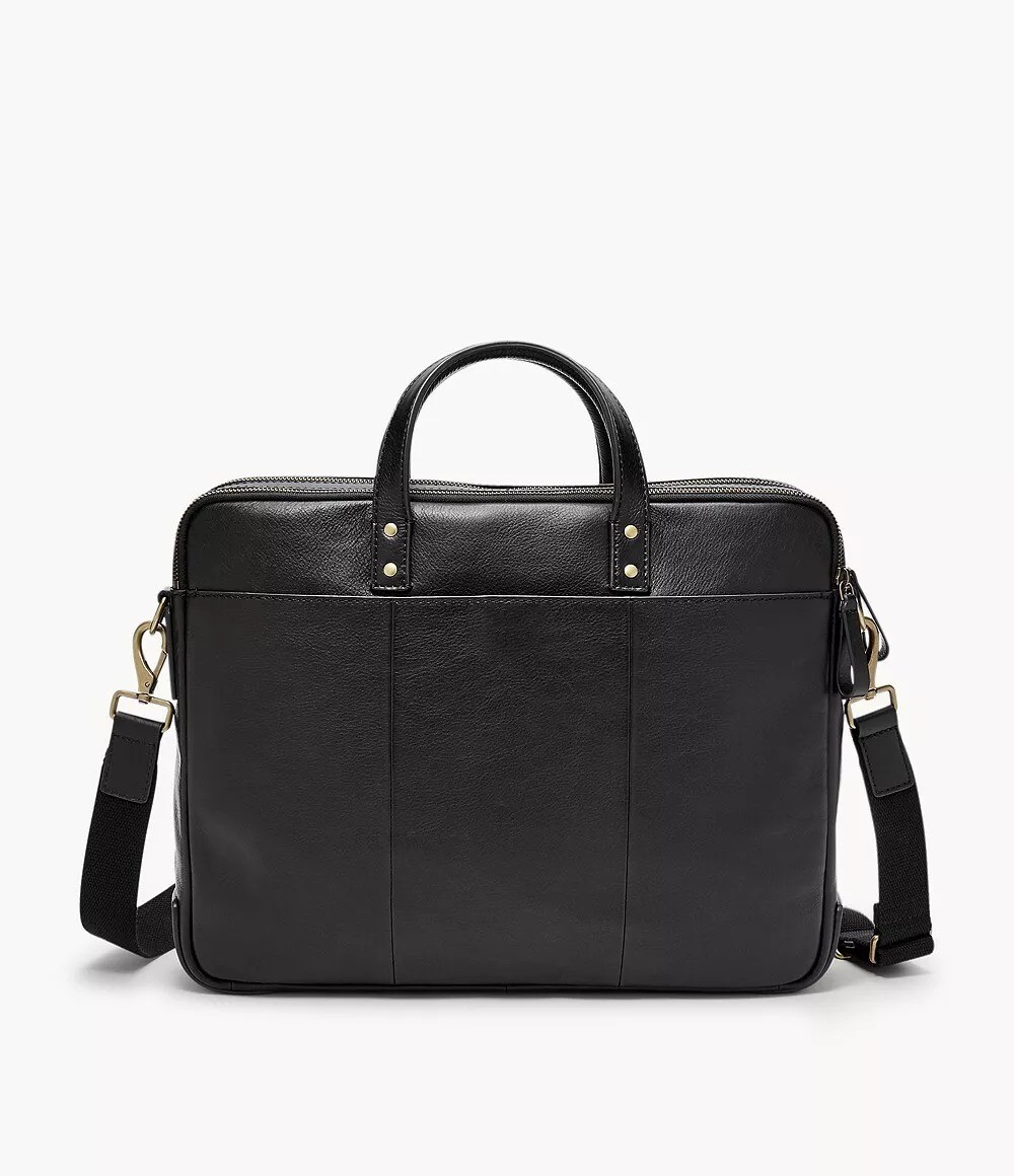 Fossil Men’s Haskell Double Zip Leather Workbag Briefcase Black 16 x 3 x 12.5