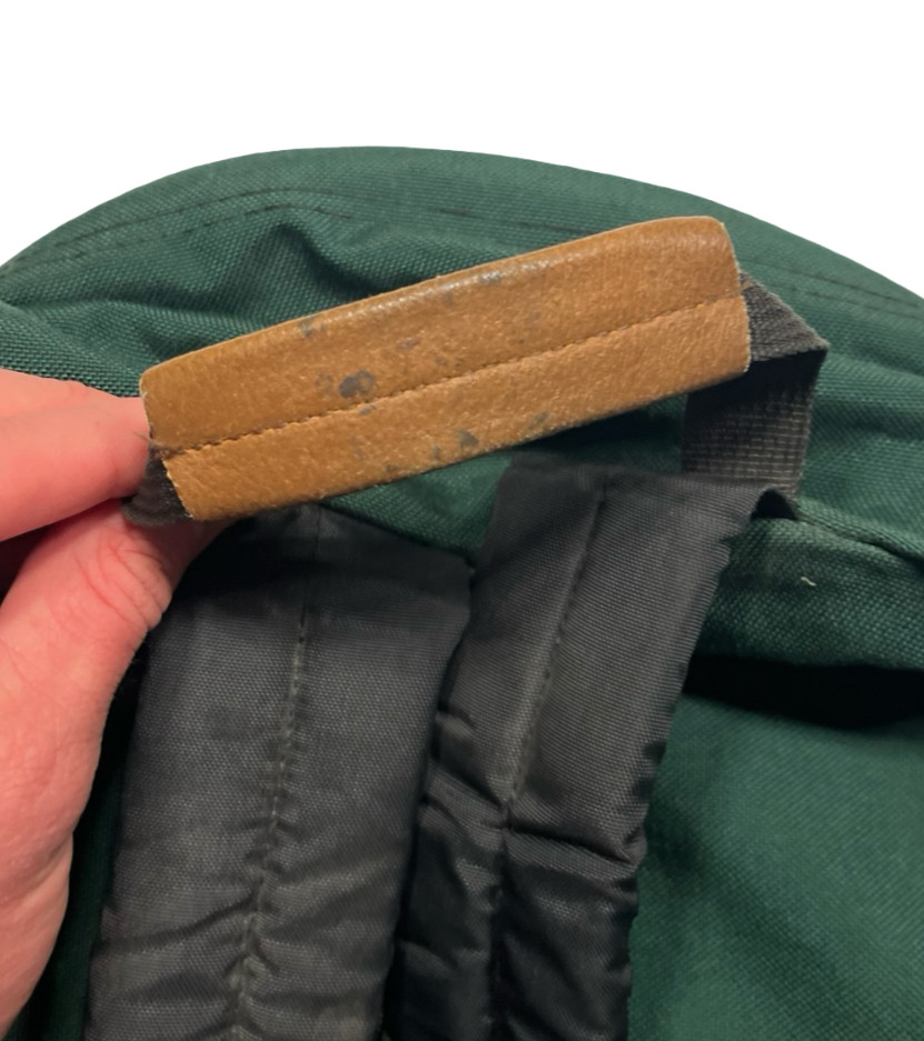 Vtg 90s JANSPORT x USA-MADE Green LEATHER-PATCH BACKPACK Outdoor Hike Gear Bag