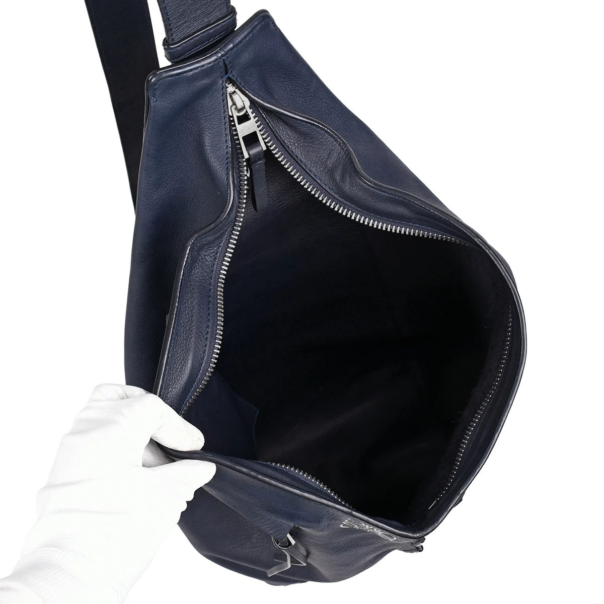 LOEWE Anagram Anton Sling Bag Body Shoulder Leather Navy Blue Silver HW