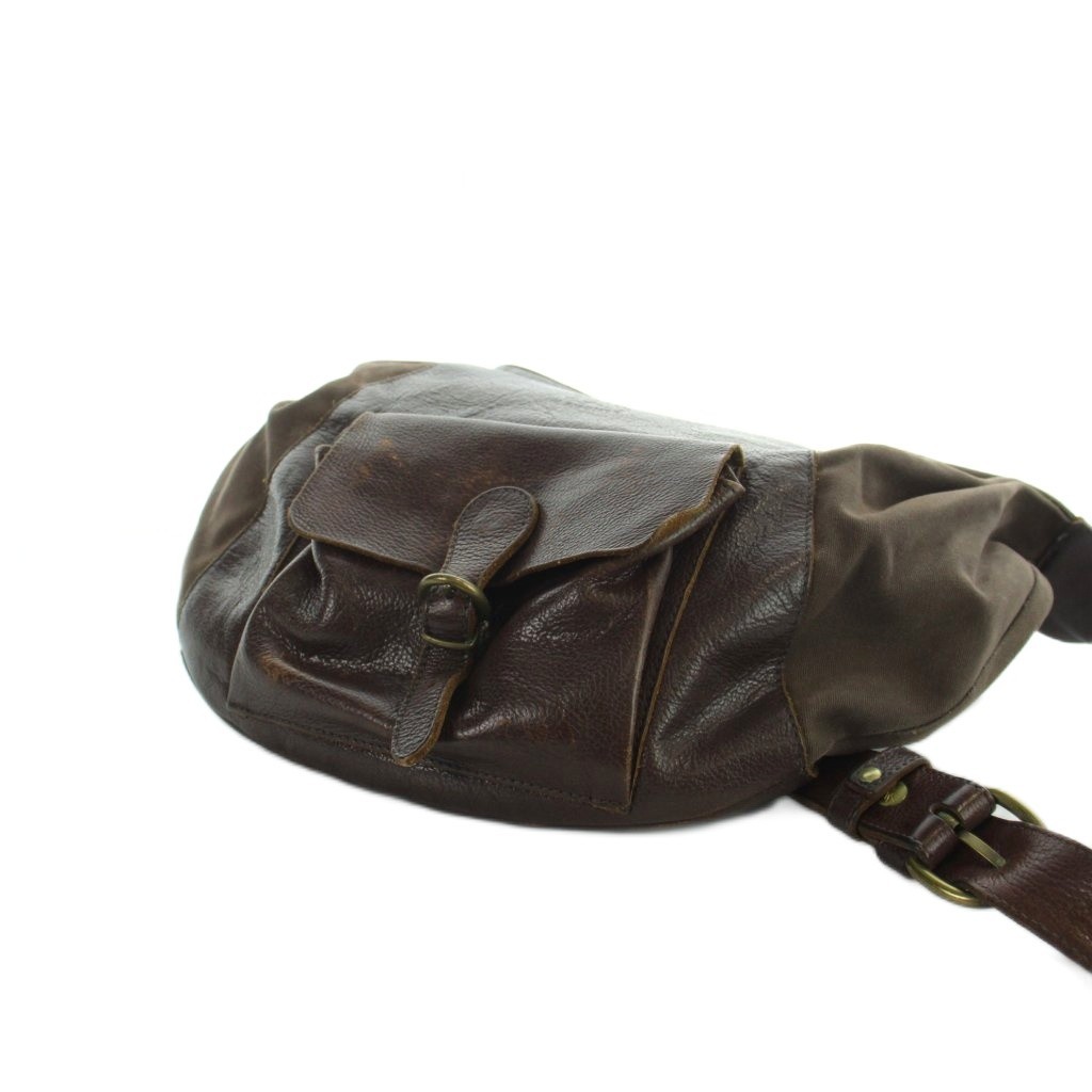 IL BISONTE Leather Canvas Shoulder Bag Brown Vintage AB 28cm x 37cm