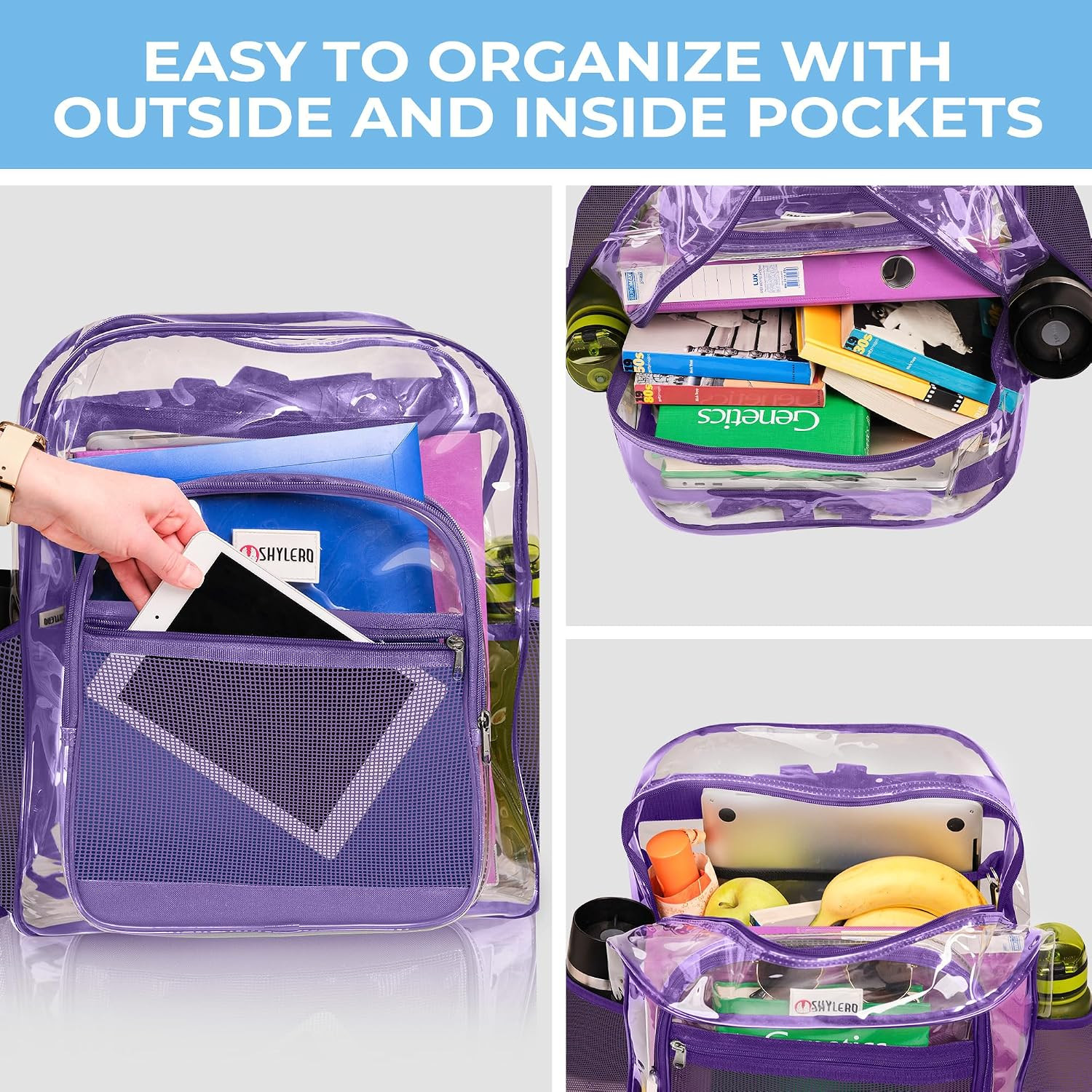 Clear Backpack Heavy Duty XL – H18”Xw14”Xd8. Has TSA Lock – Purple | PVC Trans