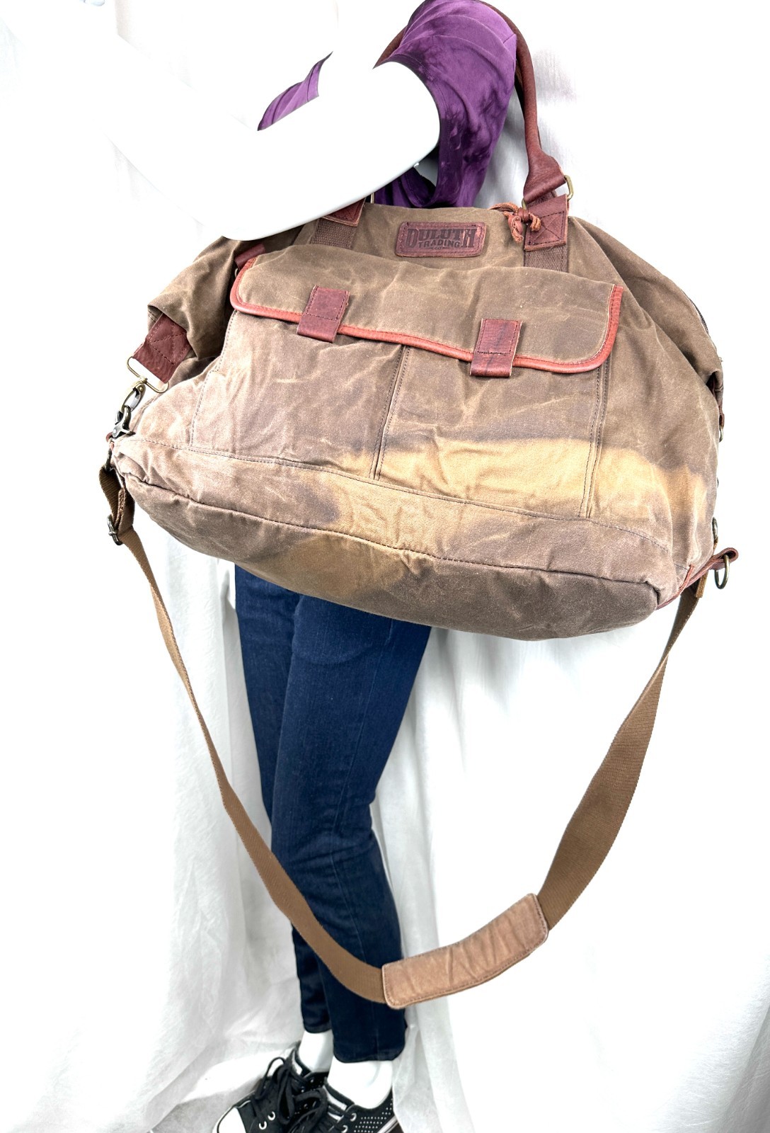 Duluth Trading Brown Cotton Canvas Large Briefcase Travel Bag Brass Leather Trim