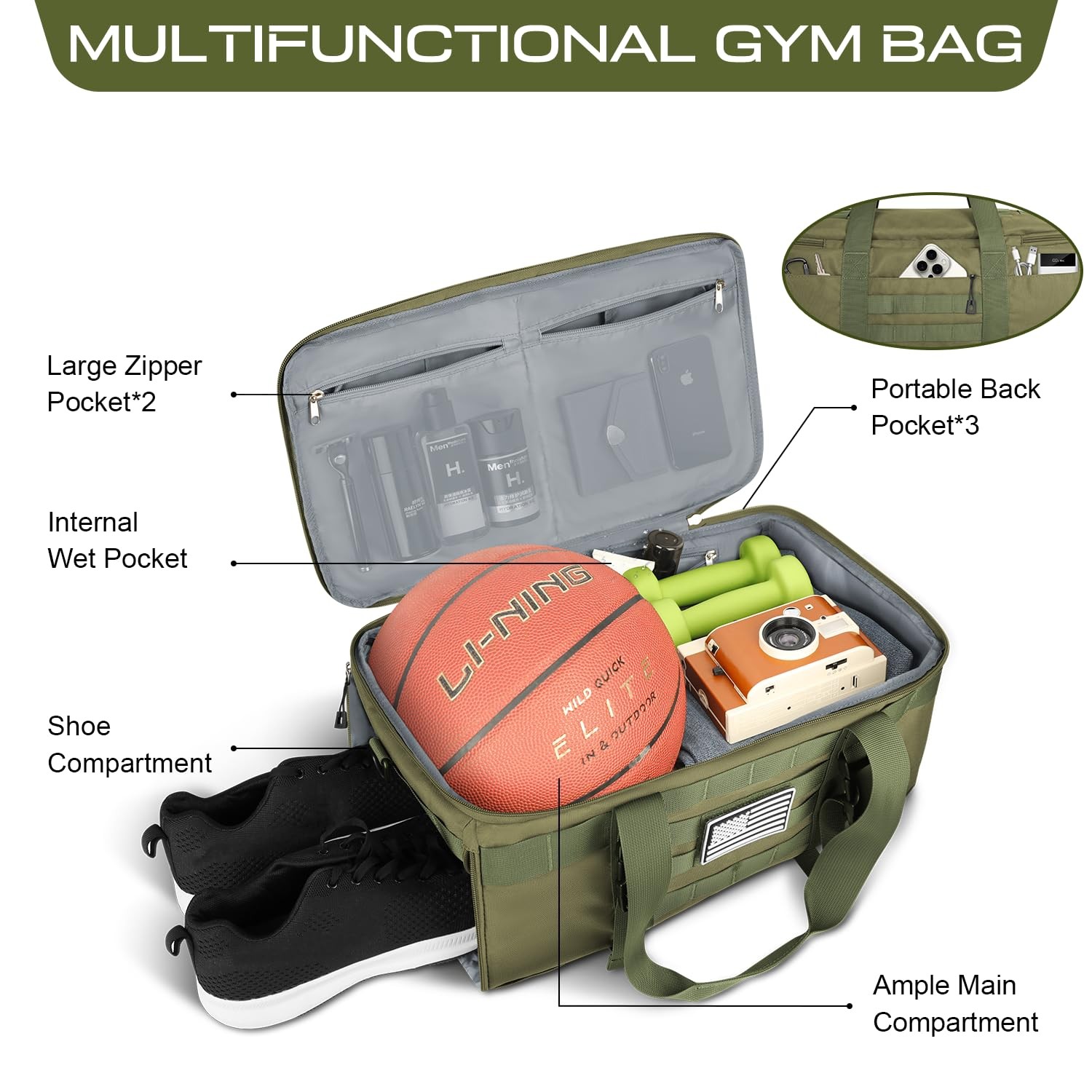 Gym Bags for Men, Large Tactical Duffle Backpack with Shoe Compartment, 3 in …