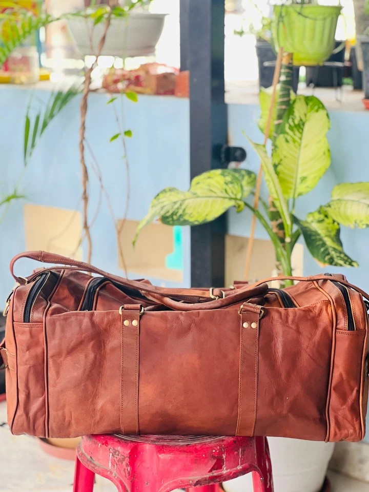 Genuine Goat Leather Travel Bag Gym Duffel Brown Duffle Men Overnight Luggage