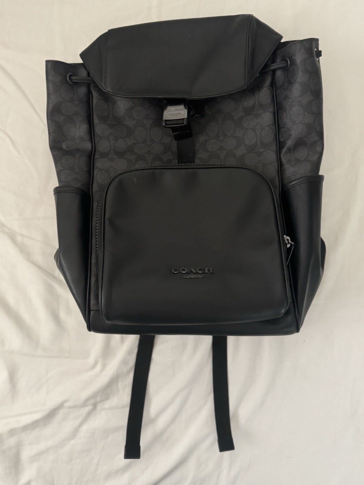 Coach League Flap Backpack Signature Canvas Charcoal Black Leather Trim Men’s