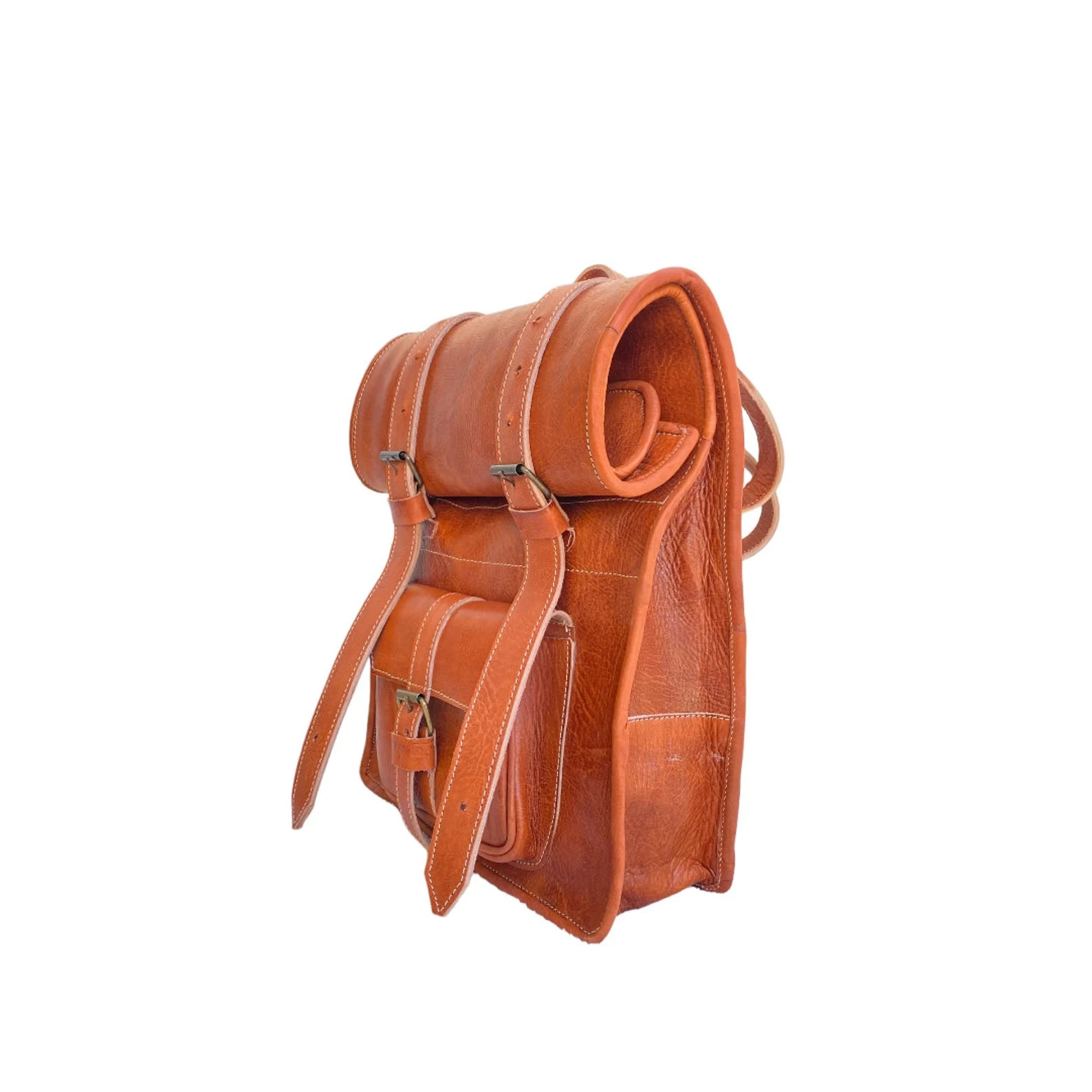 Handcrafted Genuine Leather Roll Top Bag – Cognac | 55cm | 100% Handmade