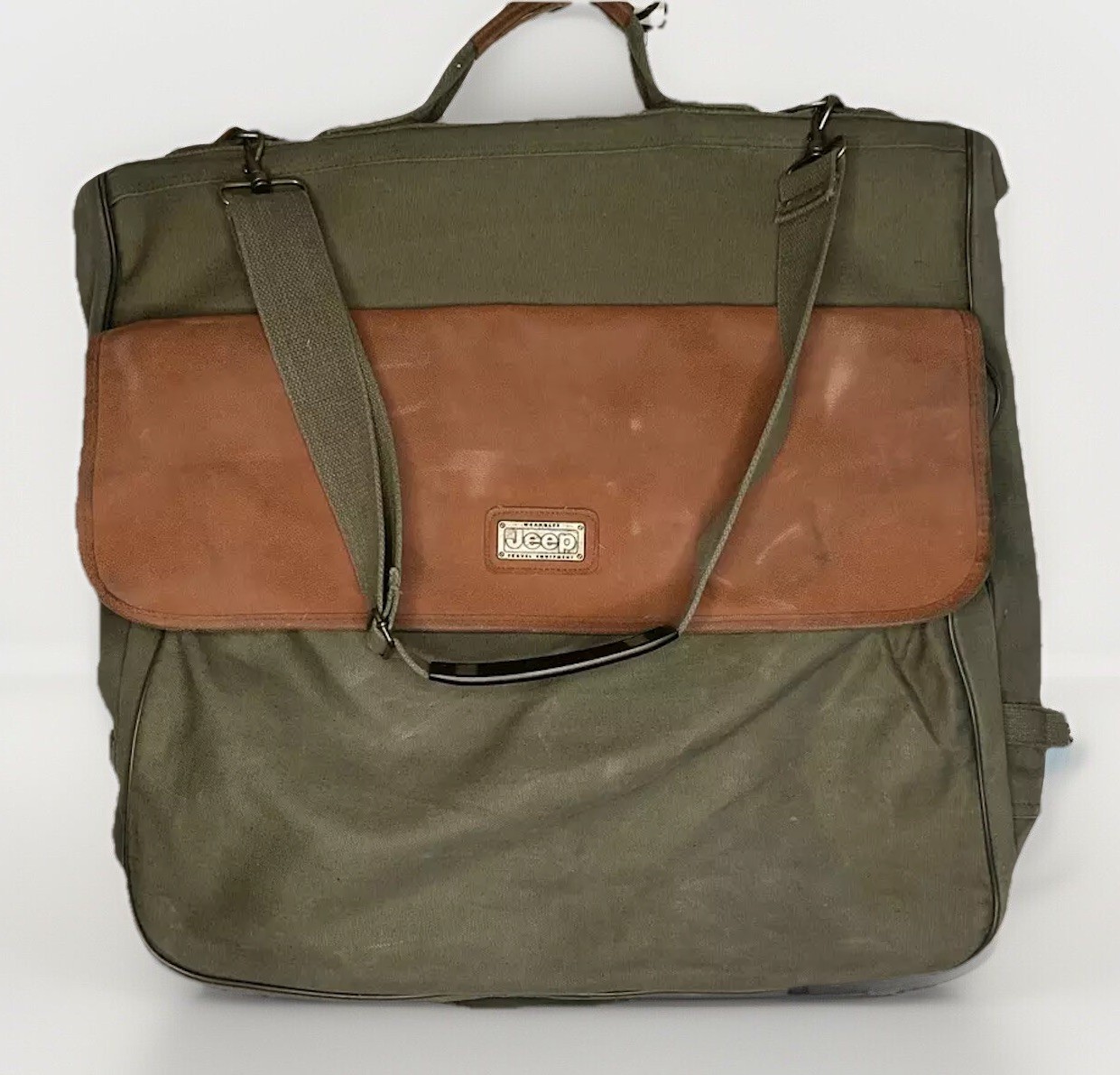 Vintage JEEP Wrangler Army Olive Green & Tan Canvas Garment Bag Travel Equipment