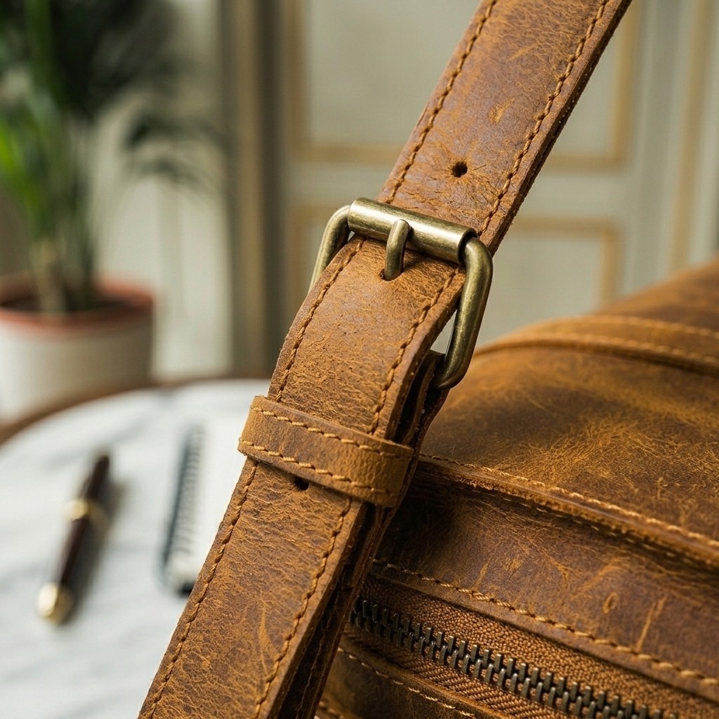 Tan Leather Briefcase Double Strap Loop Flap Single Handle Laptop Work Bag