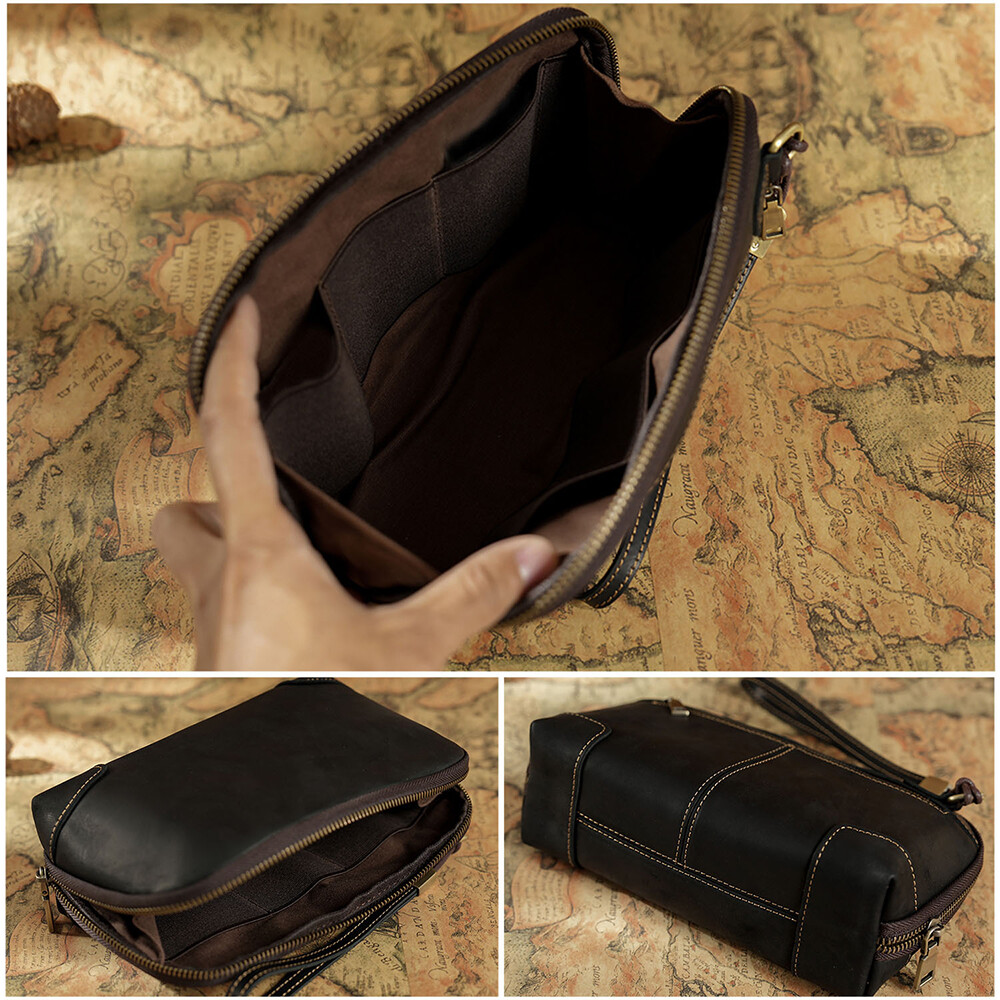 Genuine Leather Men Clutch Bag Earphone Charger Data Cable Storage Pouch Handbag