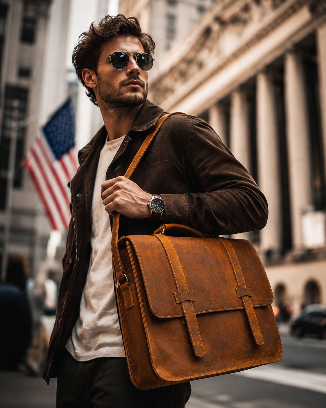 Tan Leather Briefcase Double Strap Loop Flap Single Handle Laptop Work Bag