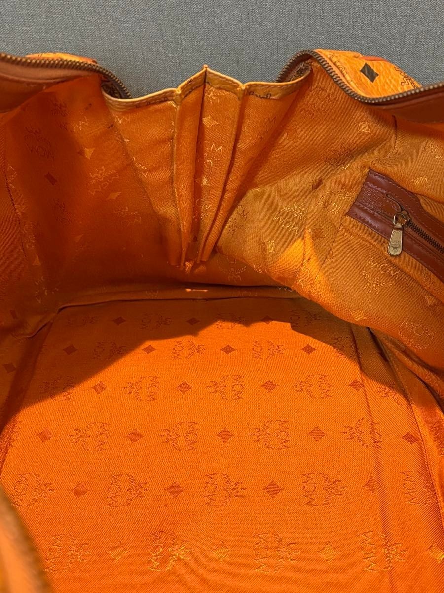 MCM Authentic Visetos Leather Handbag Brown Boston Bag Gold Logo Double Handle