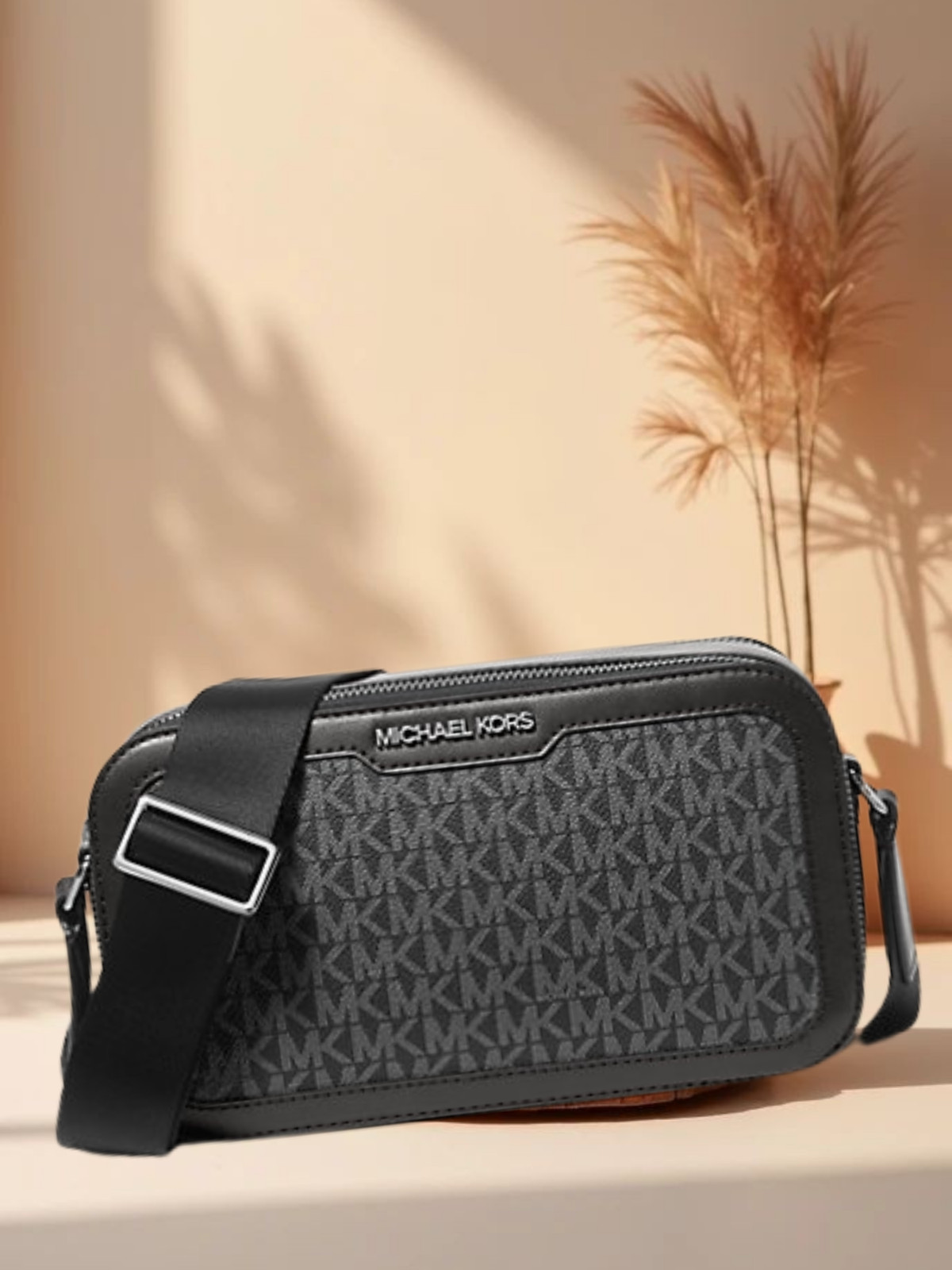 Michael Kors Cooper Men Signature Logo Double Zip Long Crossbody Bag Black
