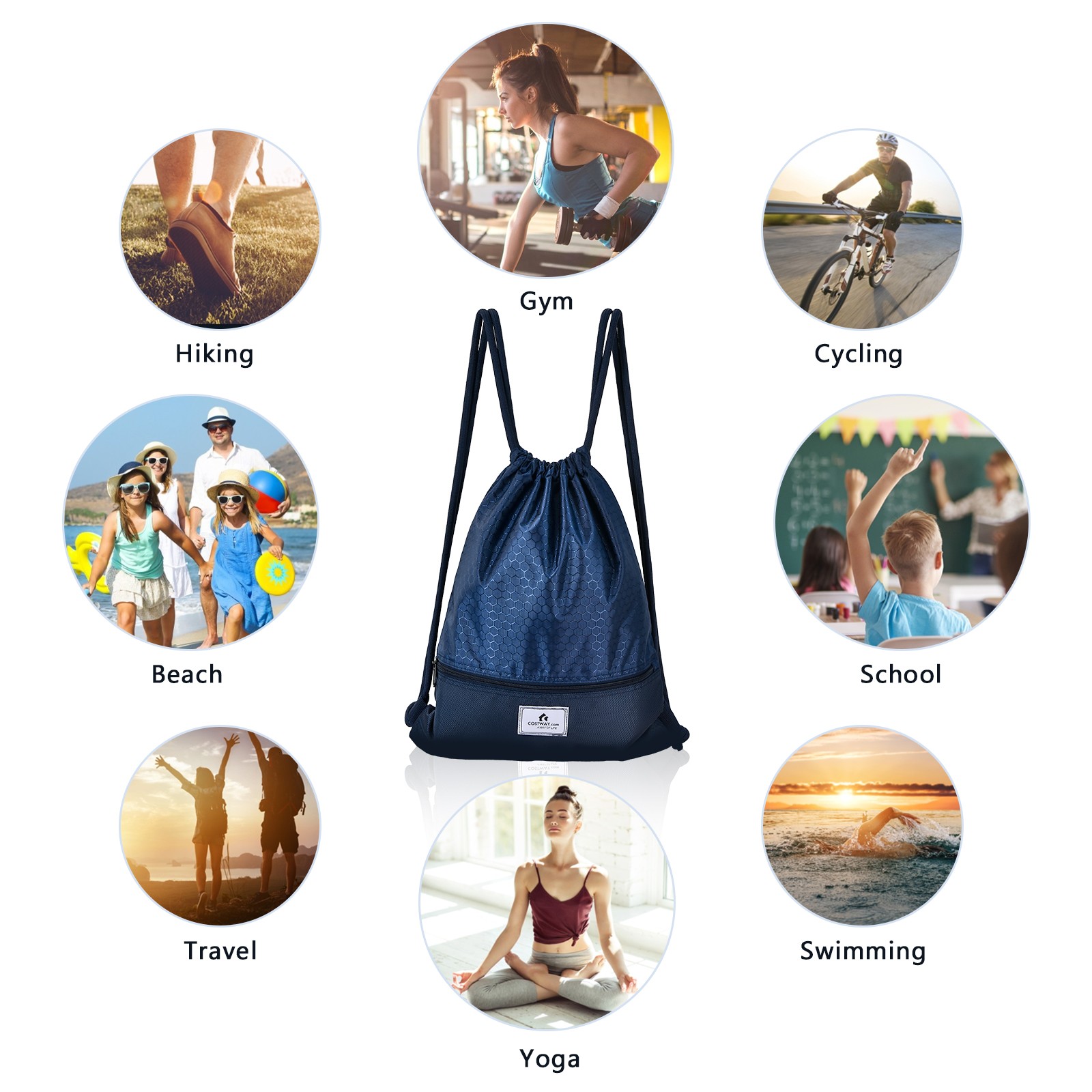Costway Drawstring Backpack String Bag Folding Sports Sack w/Zipper Pocket Blue