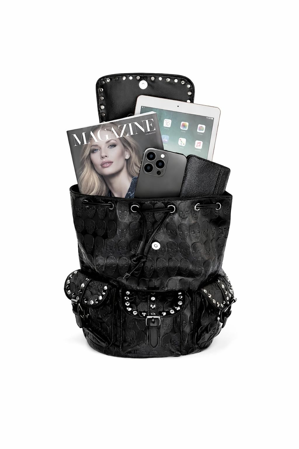 Gothic Skull Backpack PU Leather Punk Rucksack Drawstring Flap A4 Tablet Bag new