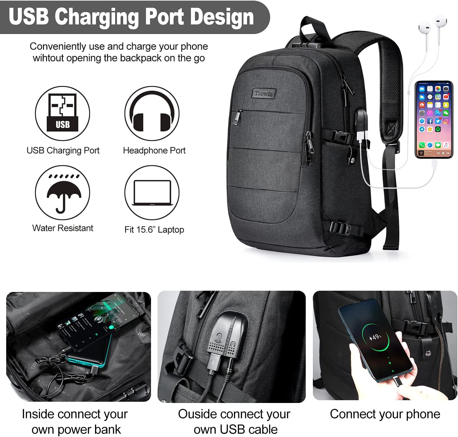 Travel Laptop Backpack Water Resistant Anti-Theft Bag with USB Charging Port and