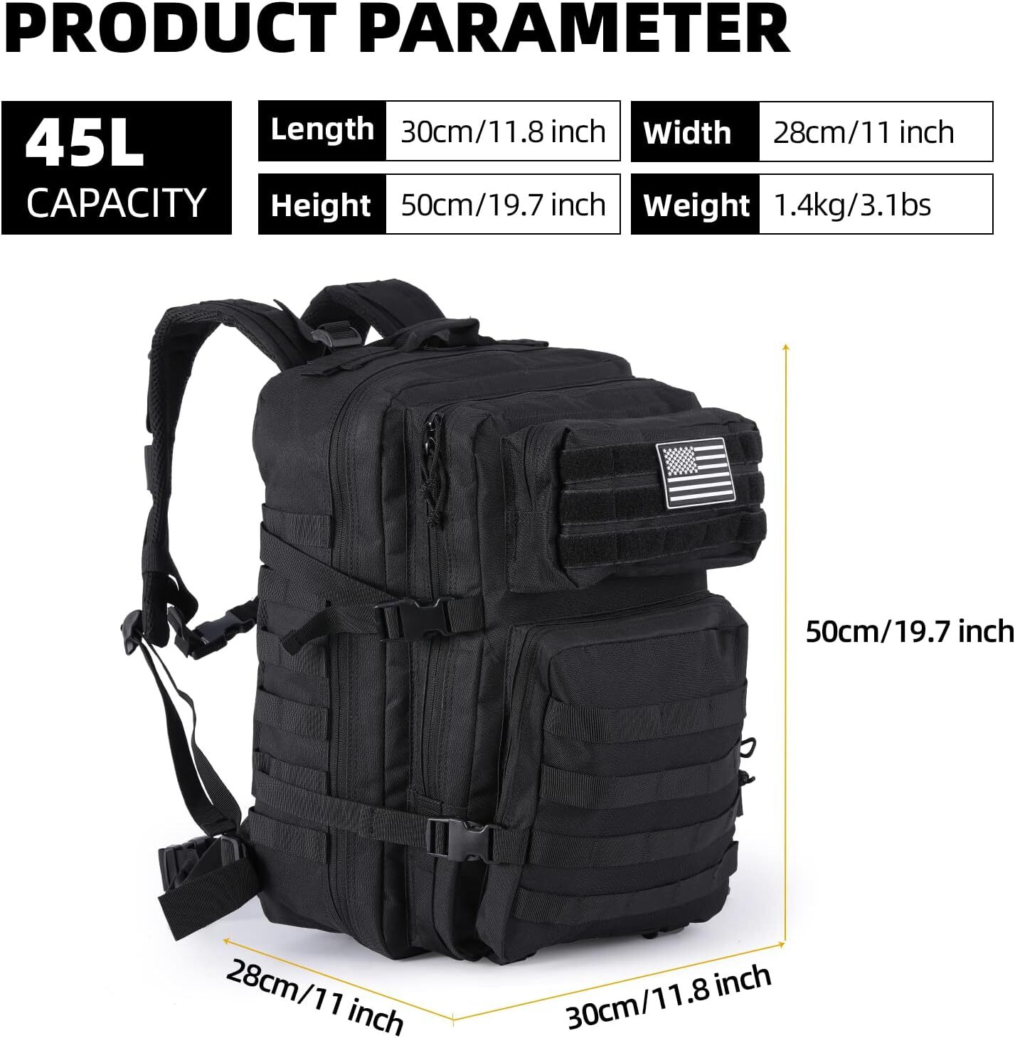 45L Large Military Tactical Backpack Army 3 Day Assault Pack Molle Bag Rucksack
