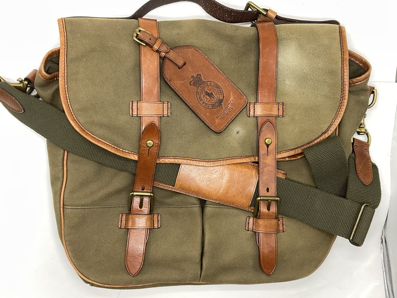 Polo Ralph Lauren RRL Olive Canvas Leather Messenger Lrg. Crossbody Military VTG