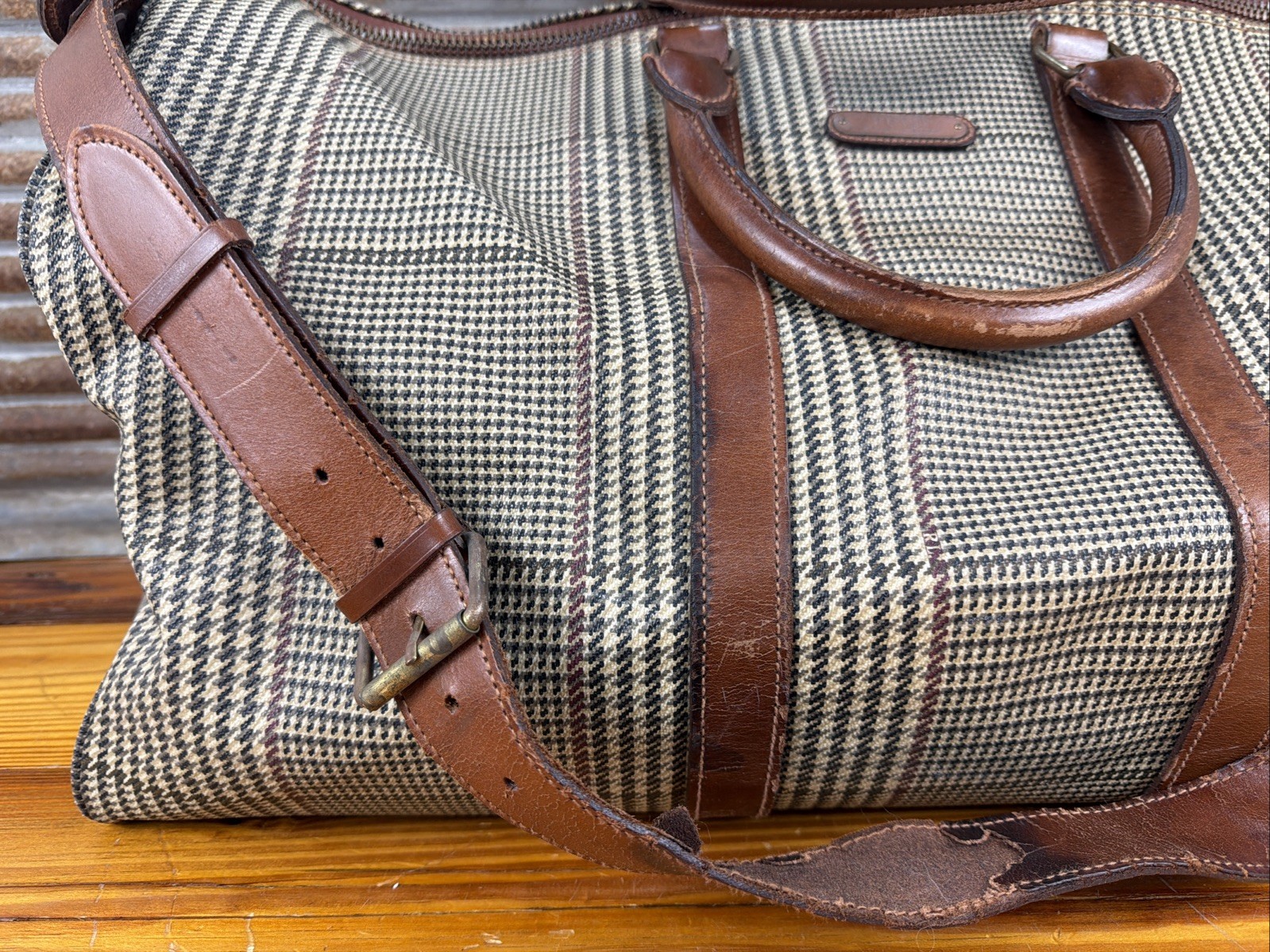 Polo Ralph Lauren Houndstooth Duffel Weekender Travel Bag Vintage Leather/Canvas
