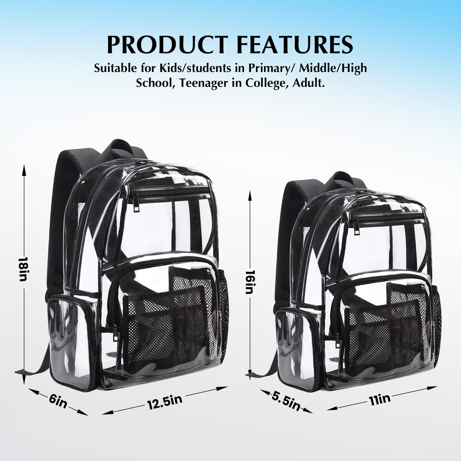 18Inches XLarge Clear Backpack – Transparent Bookbag for School Stadium TSA