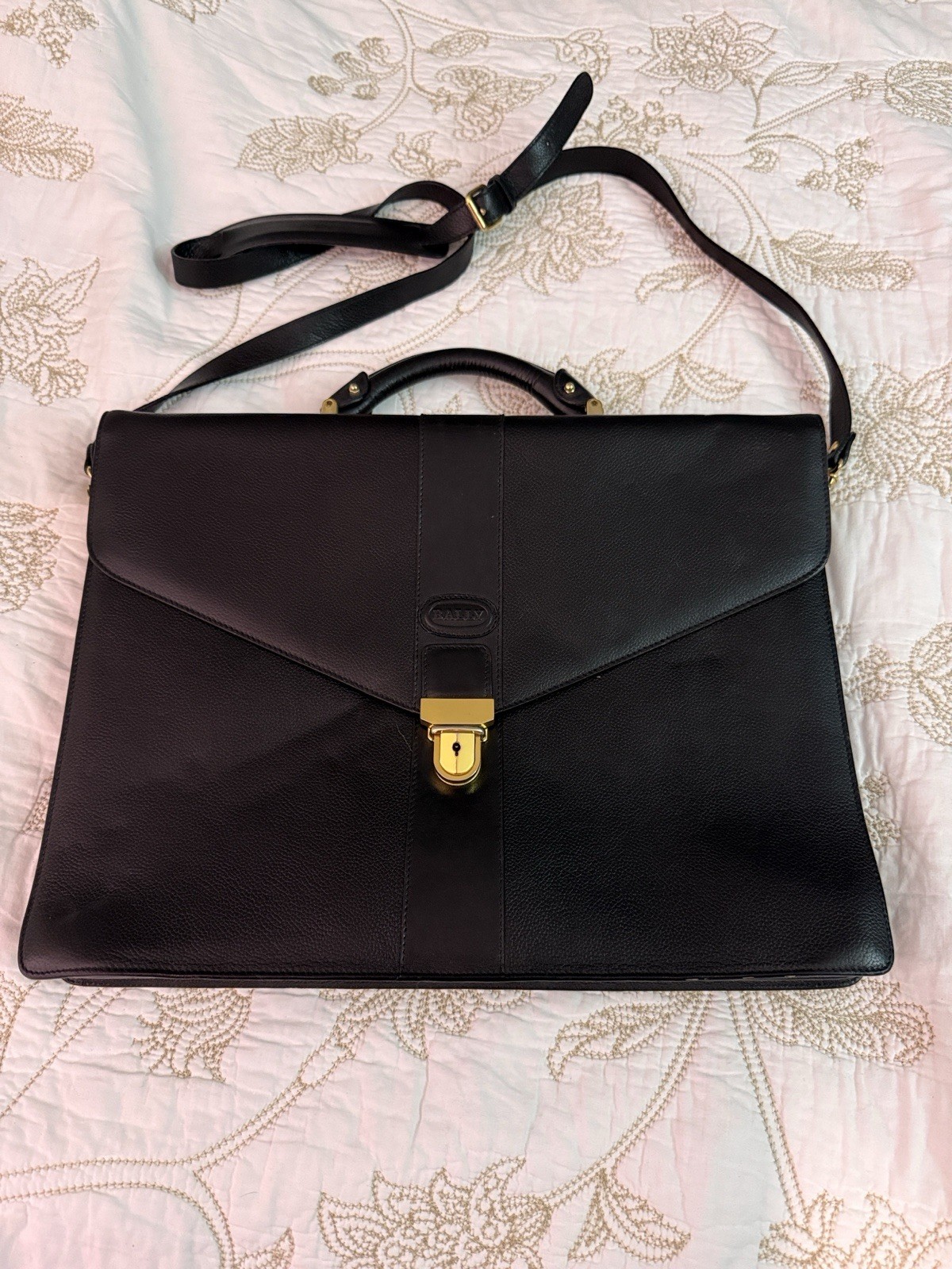 Bally Black Briefcase Document Case Detachable Strap Top Handle Push Lock Men