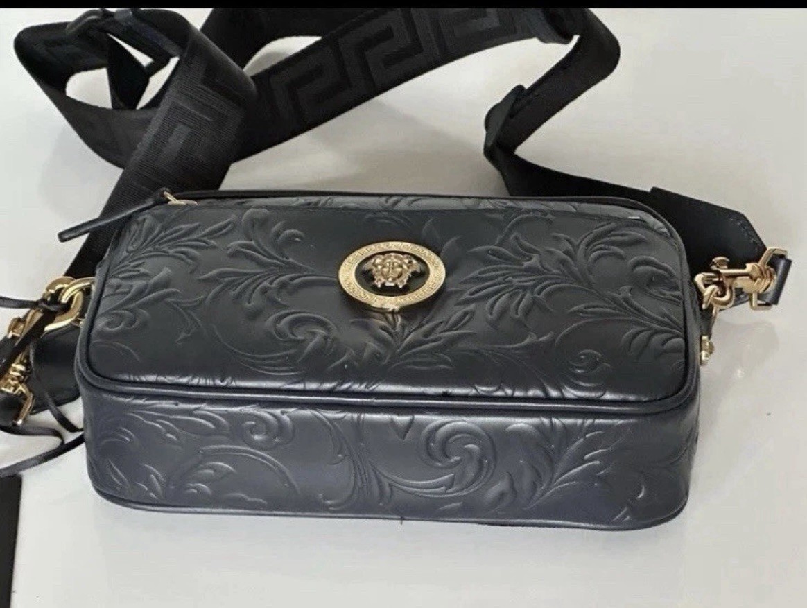 Versace Medusa Head Embossing Calf Leather Blue Crossbody Bag 1005464 IT NWT