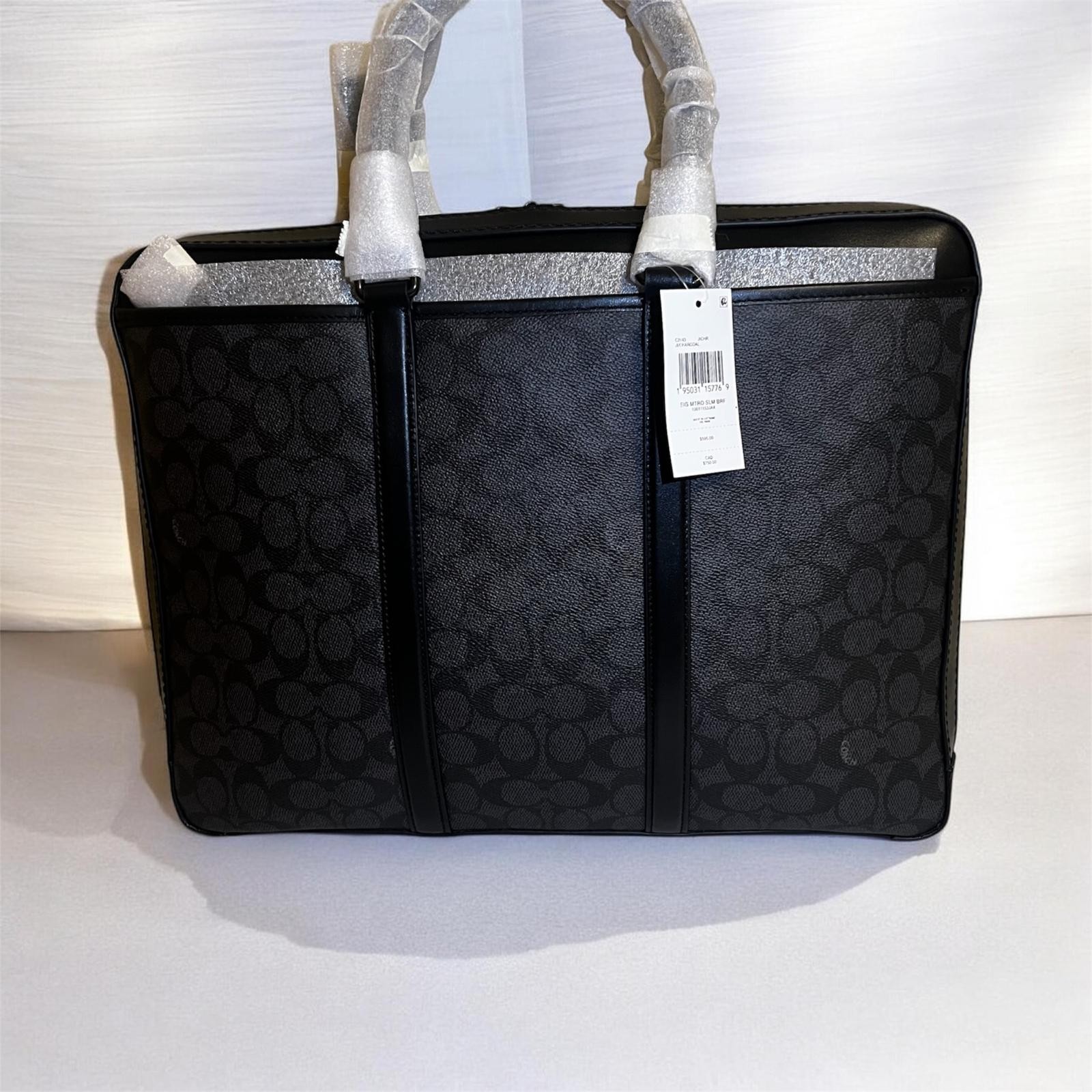 NWT Coach Men’s Metropolitan Slim Briefcase C2693 Charcoal Signature Canvas Leat