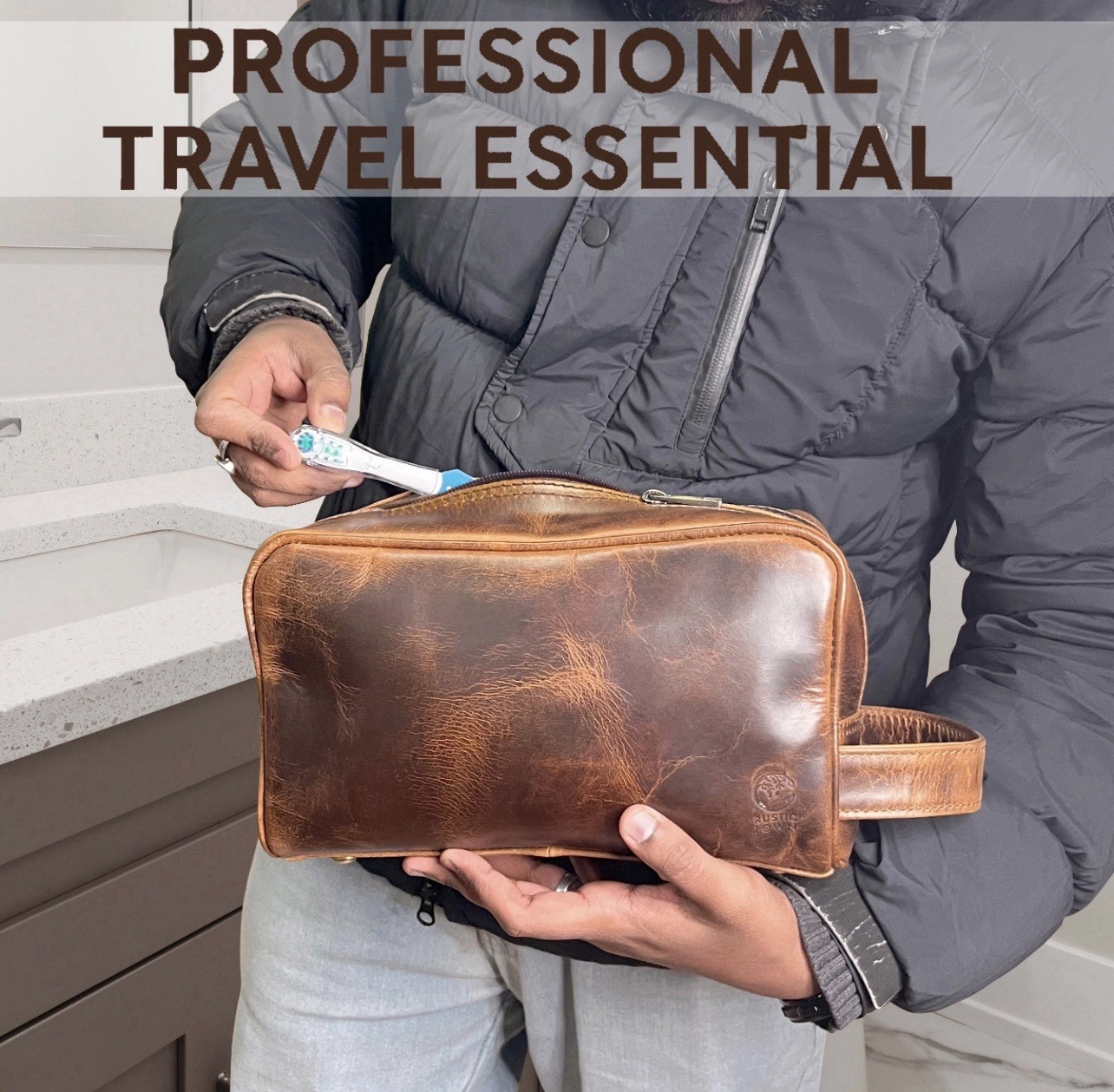 Johnny Leather Travel Toiletry Bag for Men (Antique Brown)