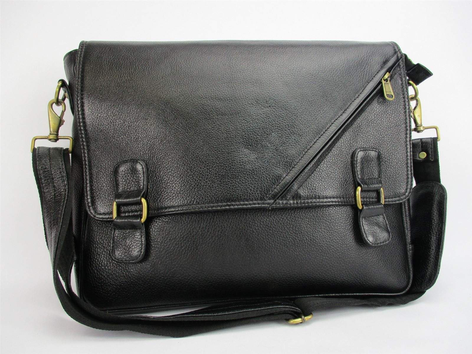 Genuine Grain Leather Messenger Shoulder Bag Briefcase Handmade Black 17x15x4″