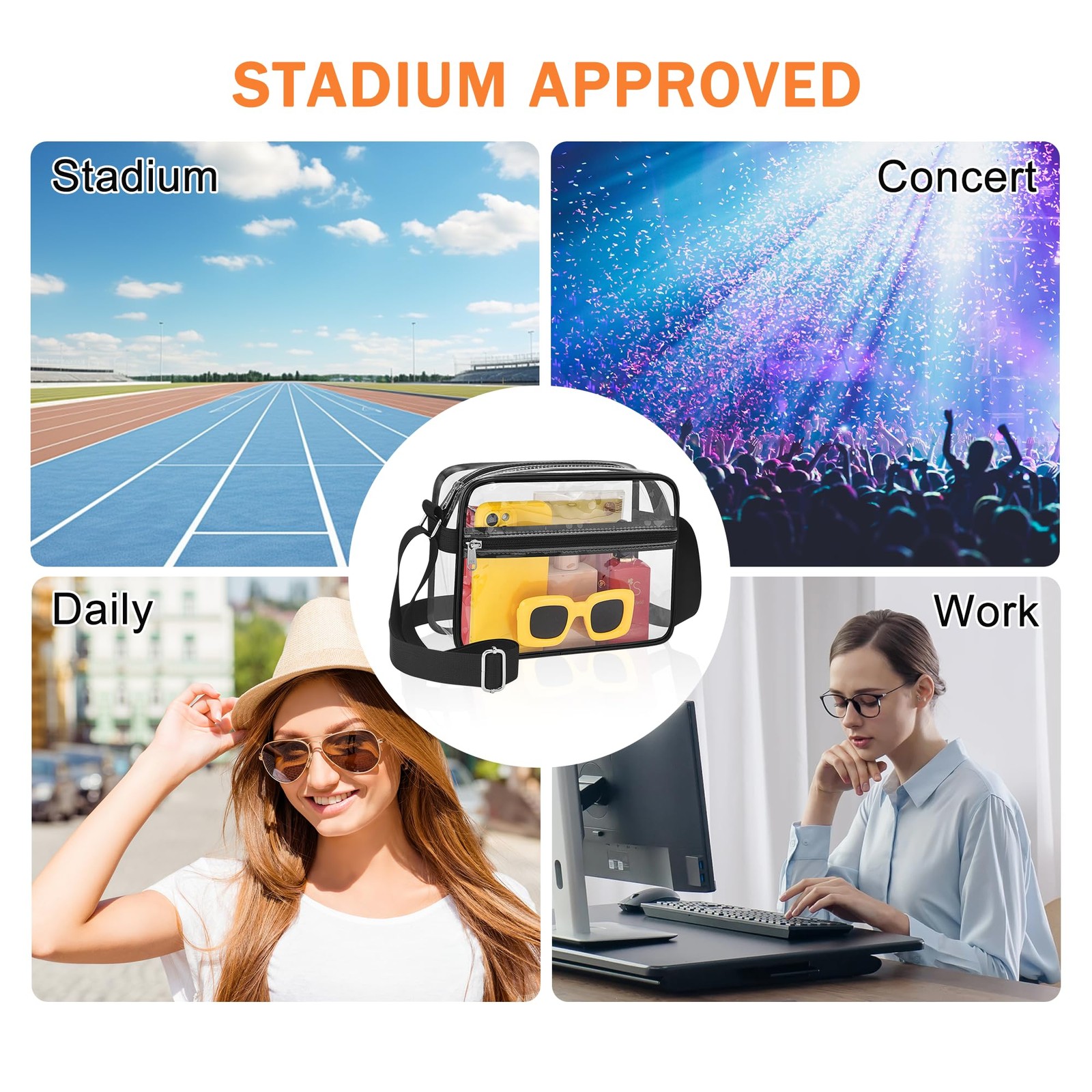 Clear Bag Black for Stadium Events Concert Outfits and Sports Events