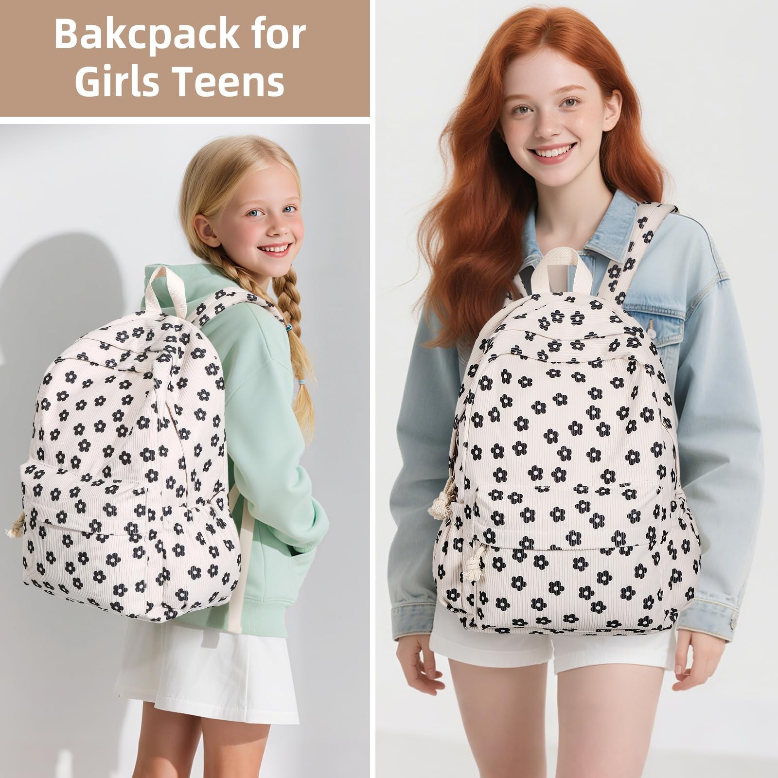 15.6 Inch Laptop Backpack School Bag Teens Womens Cute Corduroy Black Floral