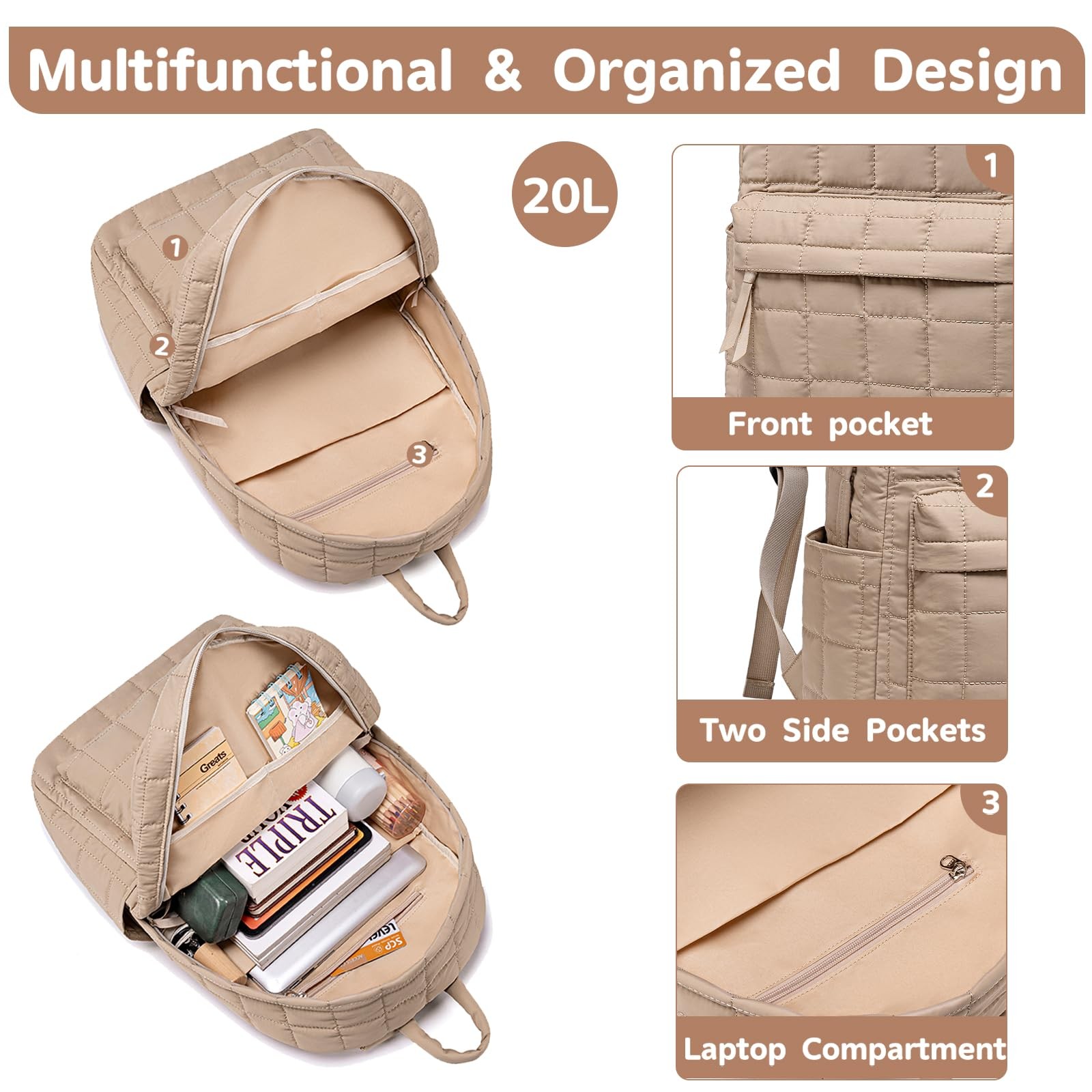Travel Backpack Women Work Quilted College Bag Fits 15.6 Inch Laptop Khaki