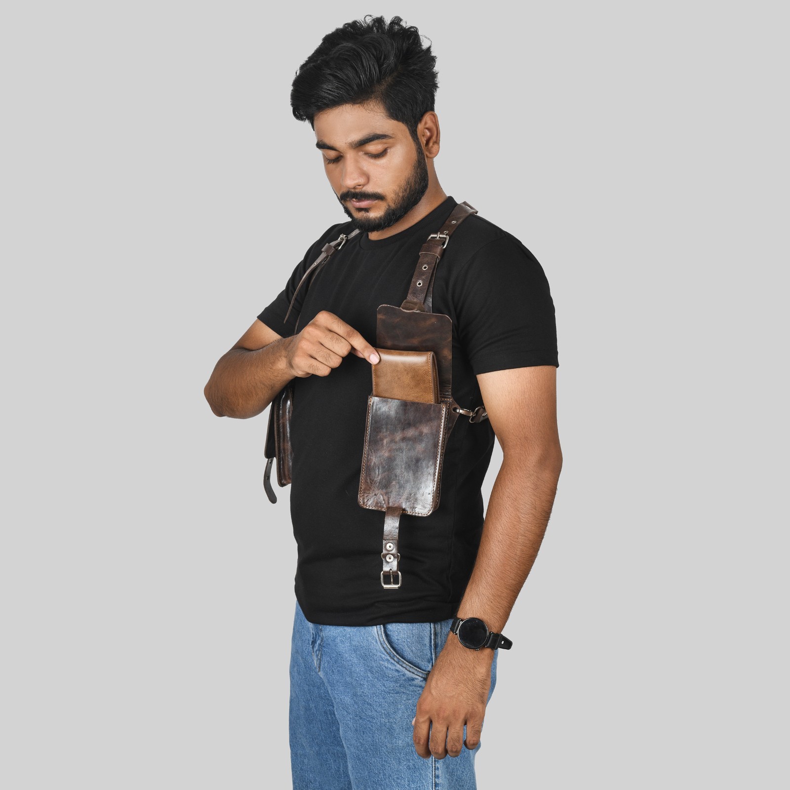 Mobile Holster Adjustable Harness with Zippered-Bags, Vintage Shoulder Holster