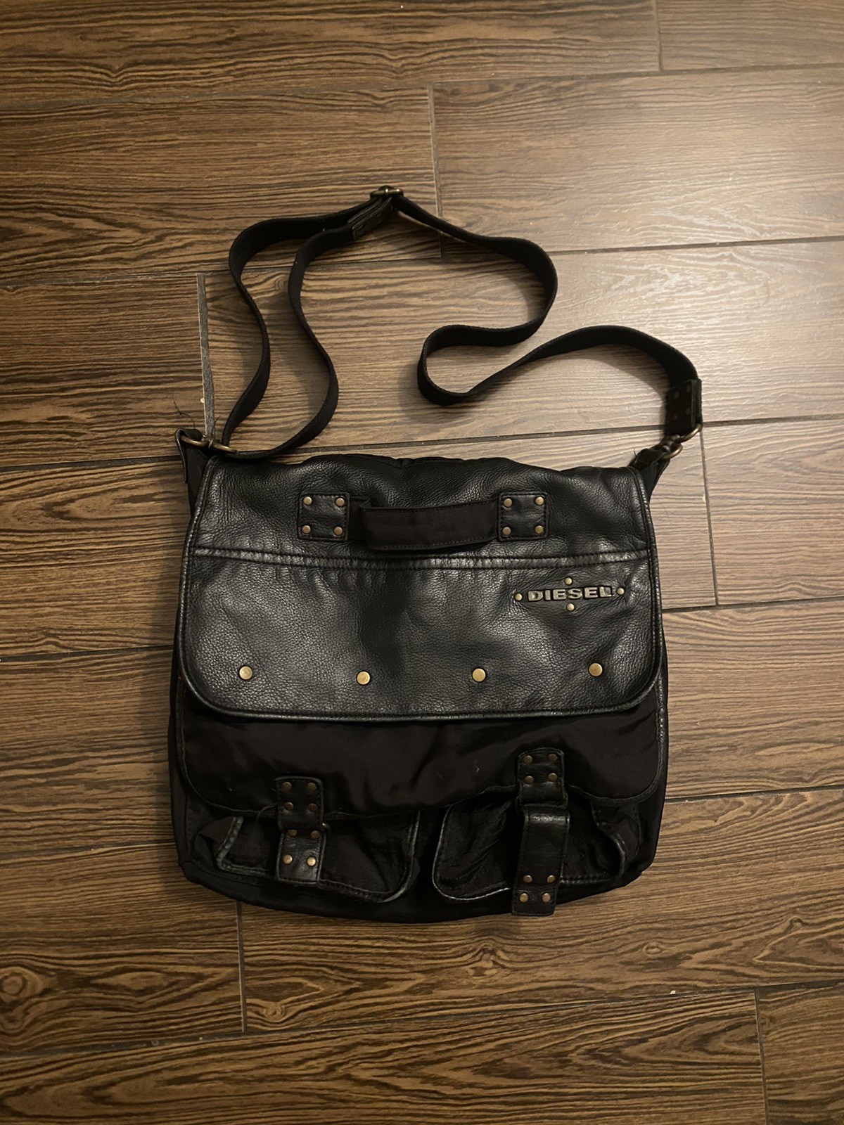 DIESEL Vintage Black Leather Messenger Bag Avant Garde Industrial Y2K Archive