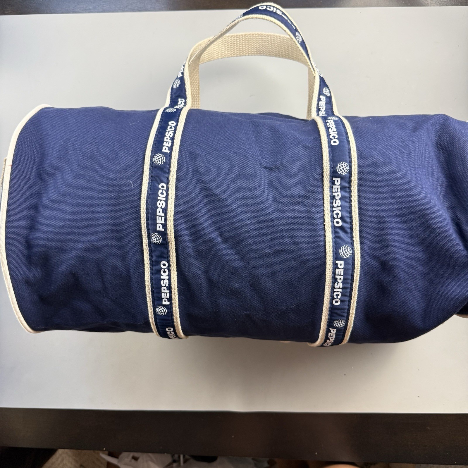 vtg 90s PepsiCo Pepsi Canvas Duffle Bag Blue White Logo Travel Gym Weekender