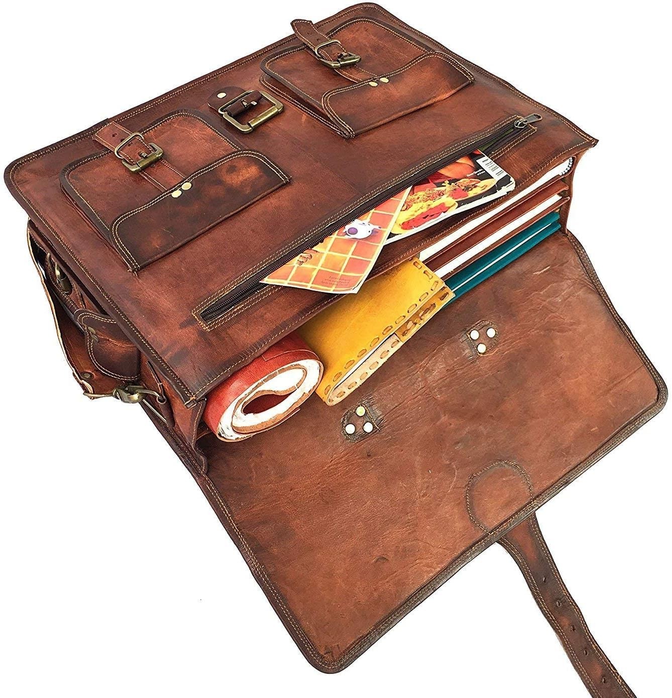 Leather Messenger Bag 18″ Laptop Crossbody Satchel Briefcase for Men – Vintag…