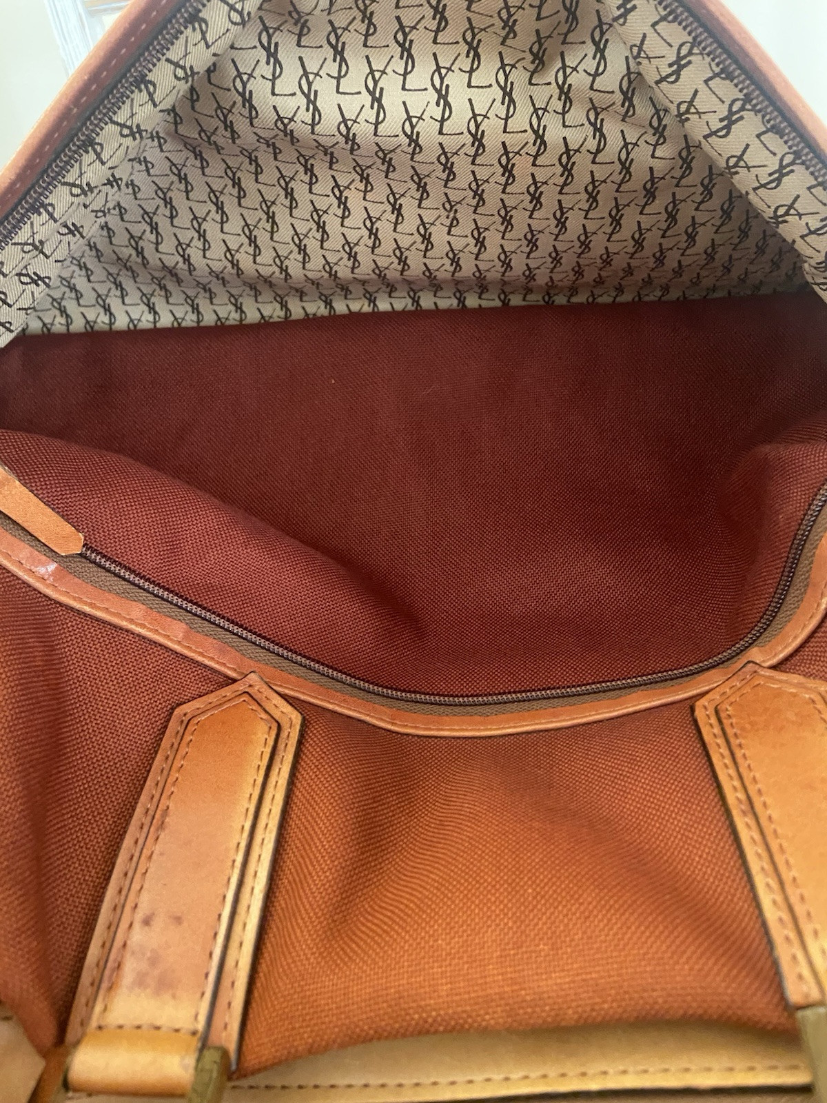 Yves Saint Laurent Vintage Canvas Red Brown Large Duffle Boston Bag, Fair Cond
