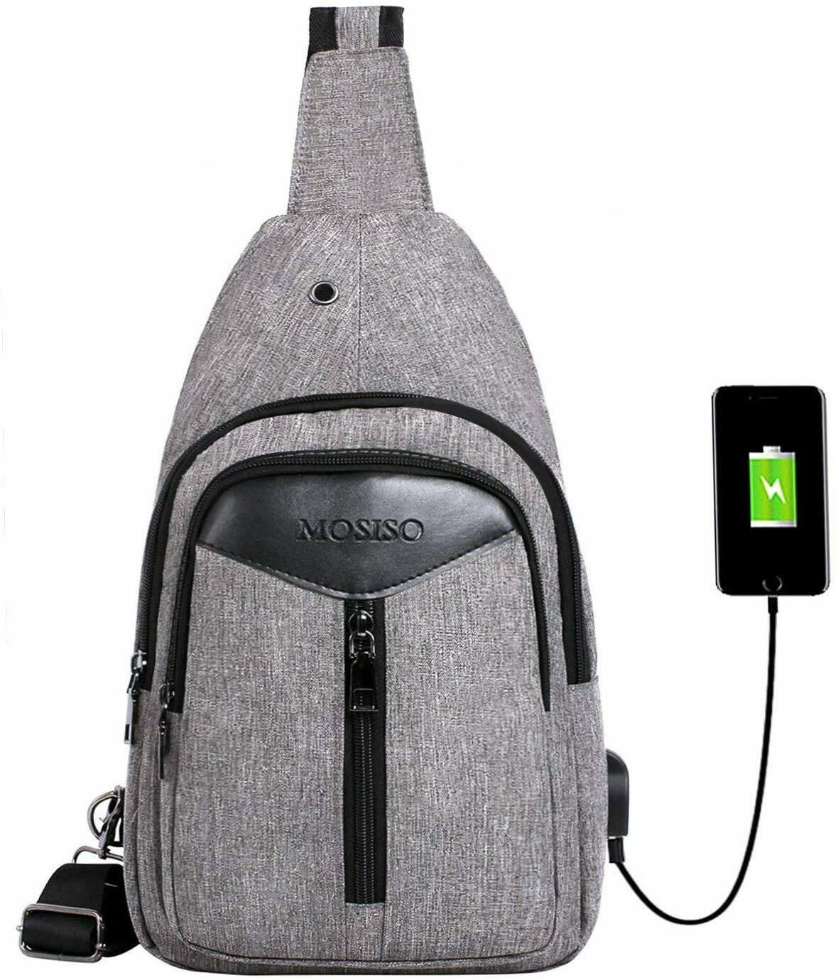 Mens Shoulder Bag Rope Sling Bag Hiking Daypack USB Charging Crossbody Handbag