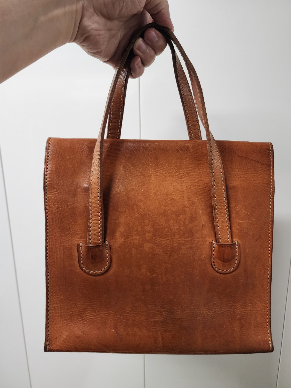 Rugged Satchel Tote Bag | Tan Brass Leather Strap Made in USA VG