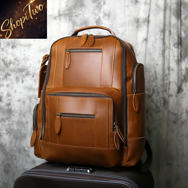NZPJ Retro Genuine Leather Men Backpack Top Layer Cowhide Rucksack Fashion Man