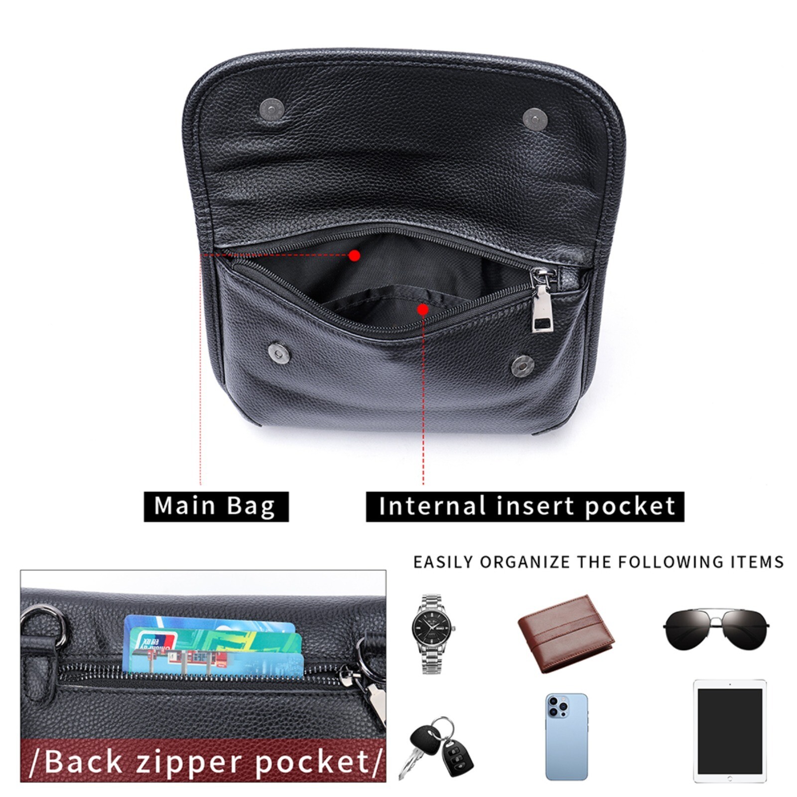 Mens Leather Shoulder Bag Black Crossbody Business Casual with Multi-Pocket