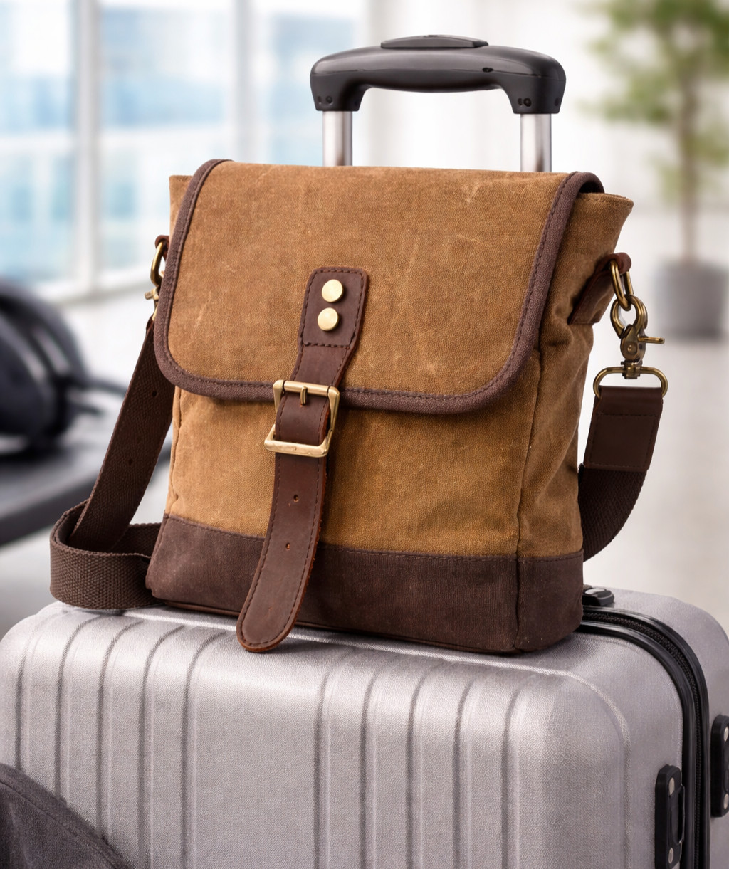 Travel Messenger Bag Waxed Canvas– Lightweight Carry On Satchel Waterproof Khaki