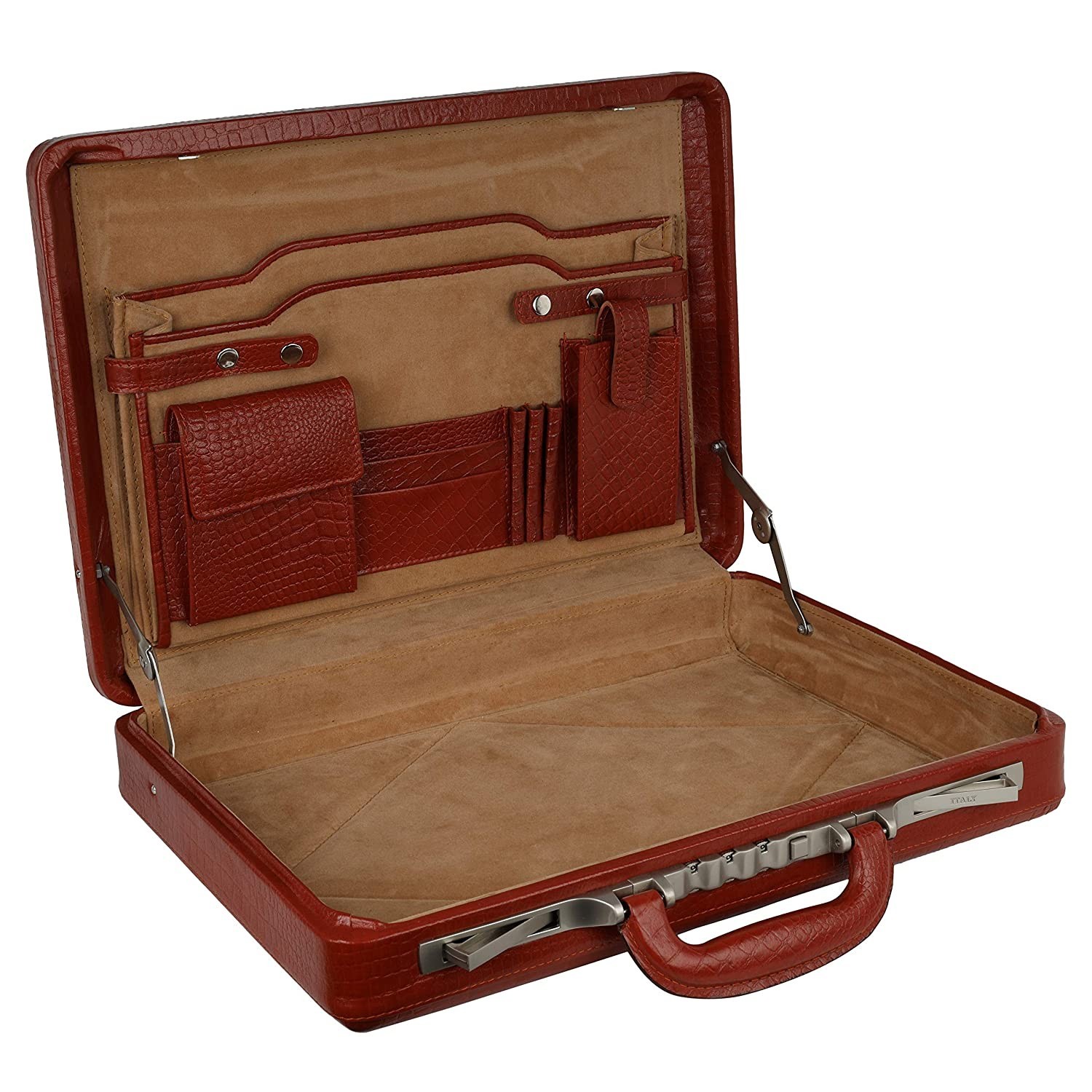 Genuine Leather CROCO Tan Briefcase Bag 18x5x12 Inch With Lock Messenger Attache