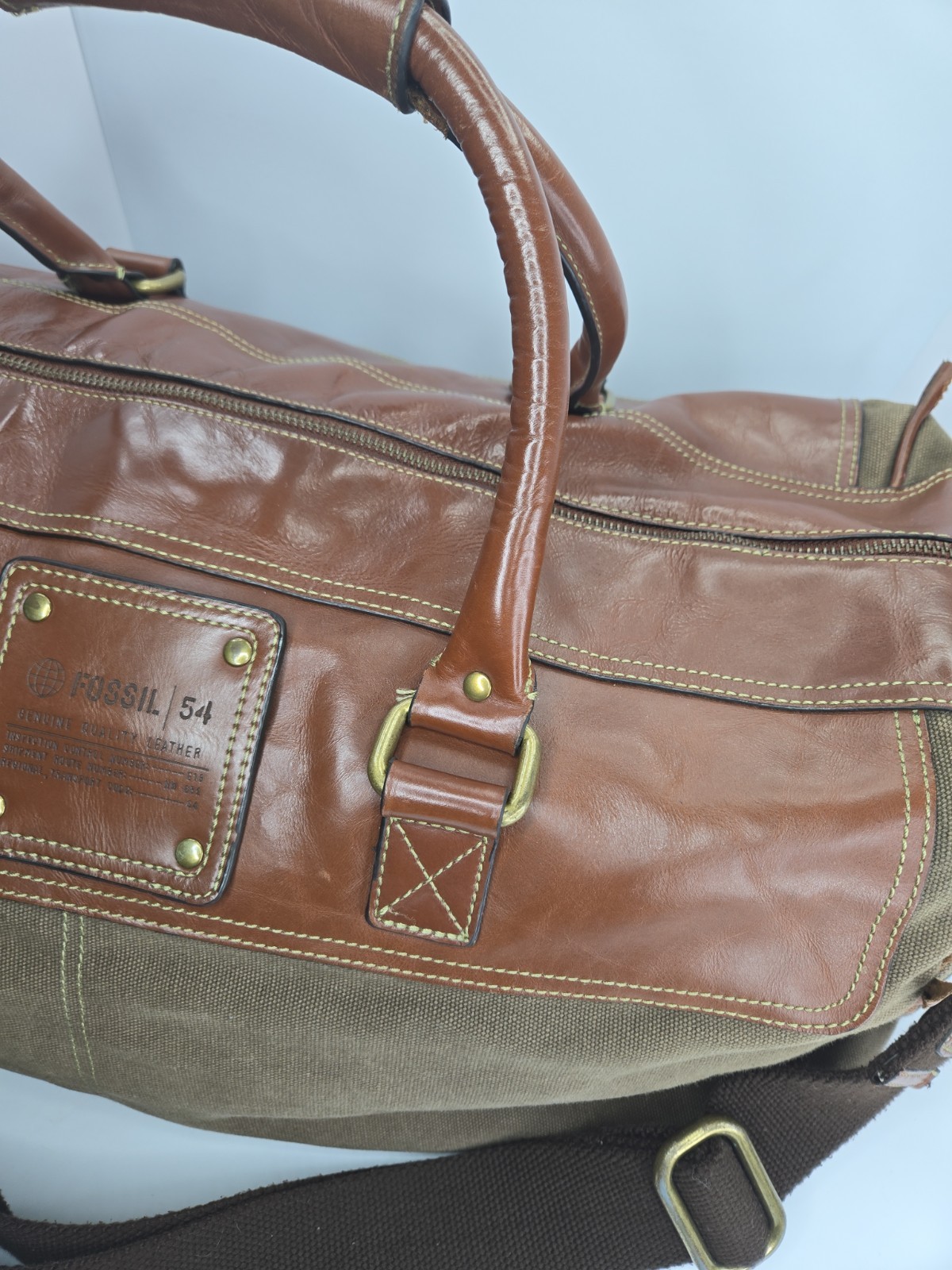 Fossil 54 MBG1121200 Brown Leather Canvas Duffel Weekender Bag READ