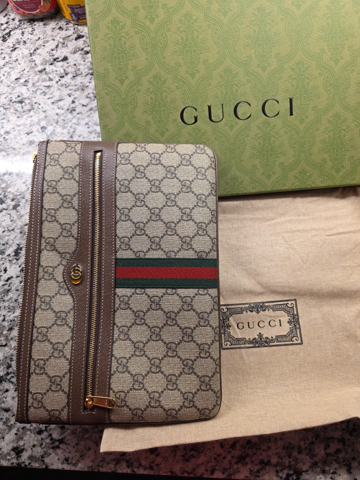 Gucci GG Supreme Web Monogram Clutch Pouch Bag Brown Canvas Leather – Excellent