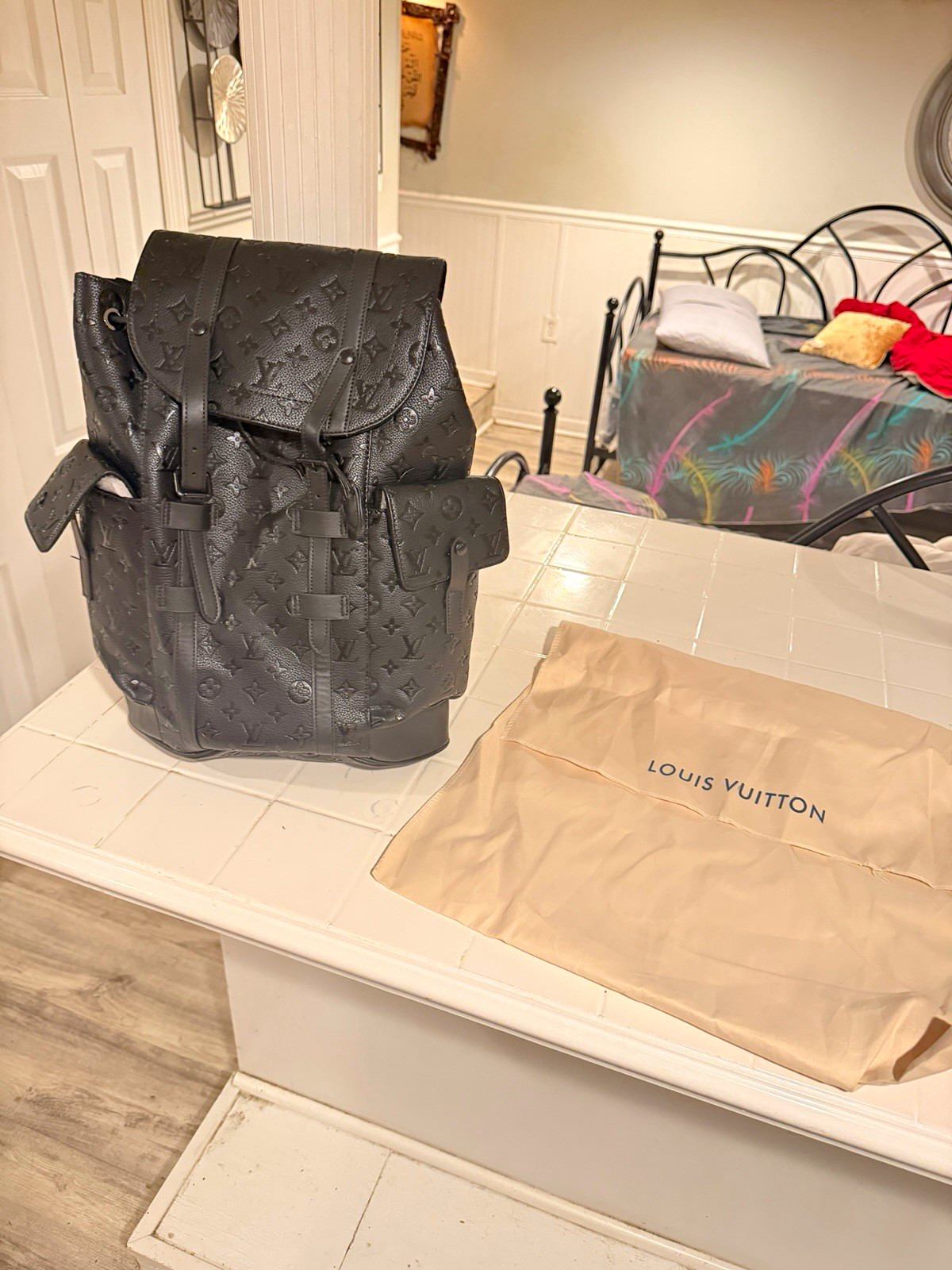 Black Monogram Embossed Backpack w/ Dust Bag Buckle Drawstring