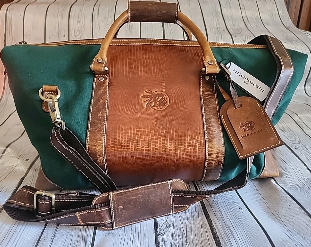 FH Wadsworth Genuine Leather Green Duffel Bag 20x12x10 Indian 68th Founder’s Cup