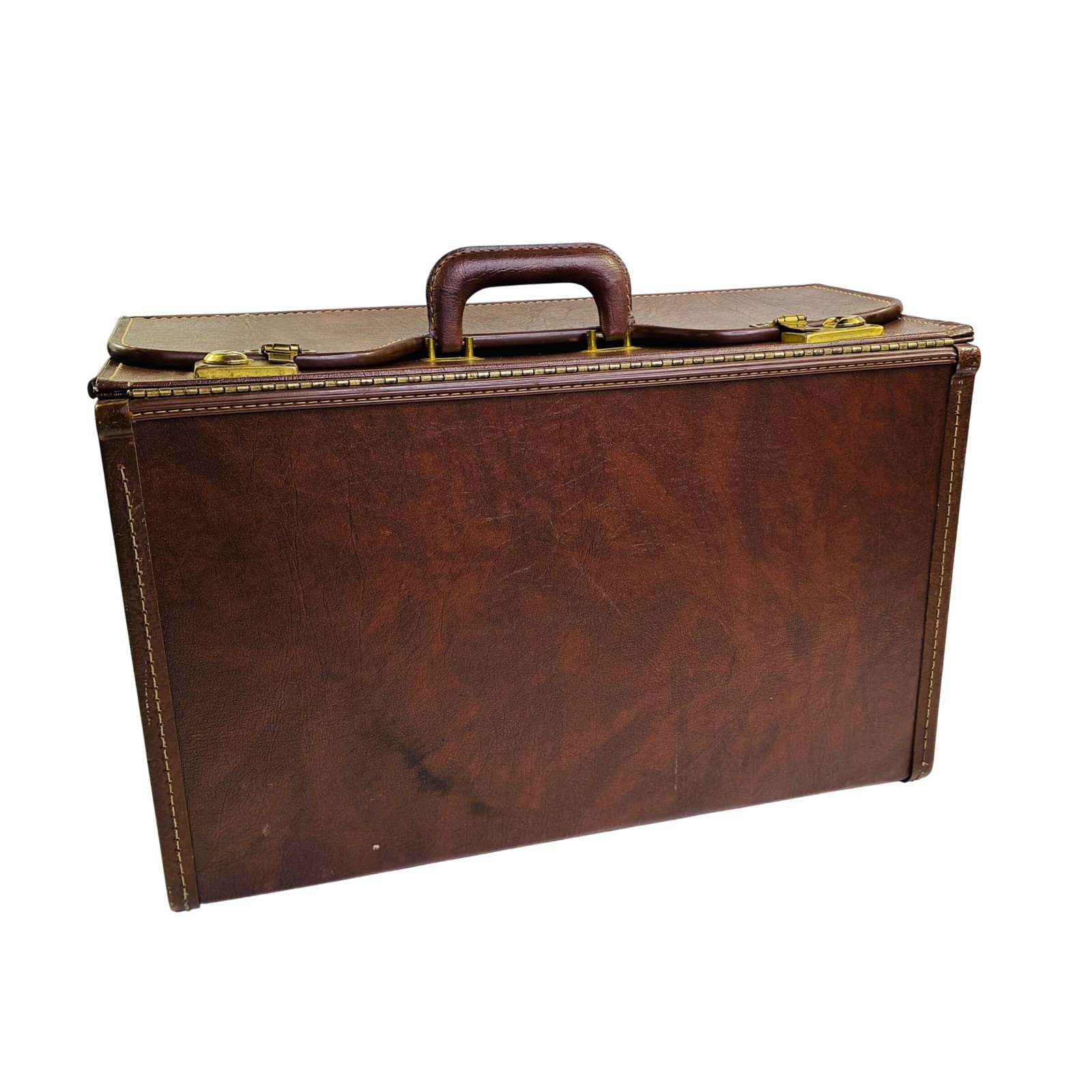 Vintage Brown Faux Leather Pilot Case Hardshell Catalog Briefcase Brass Locks