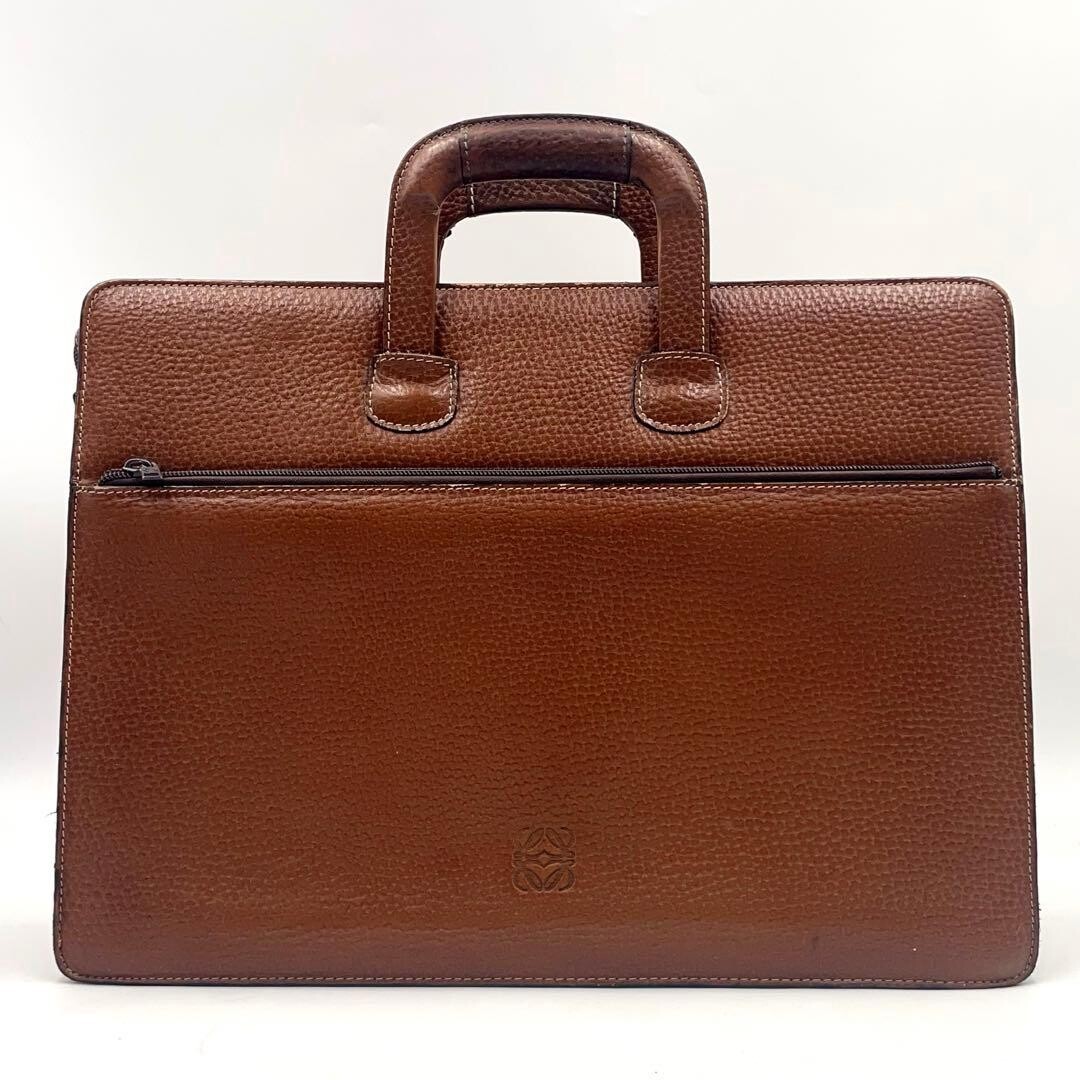 LOEWE Anagram Brown Leather Briefcase Mens Business Bag A4 PC Storage 42cm