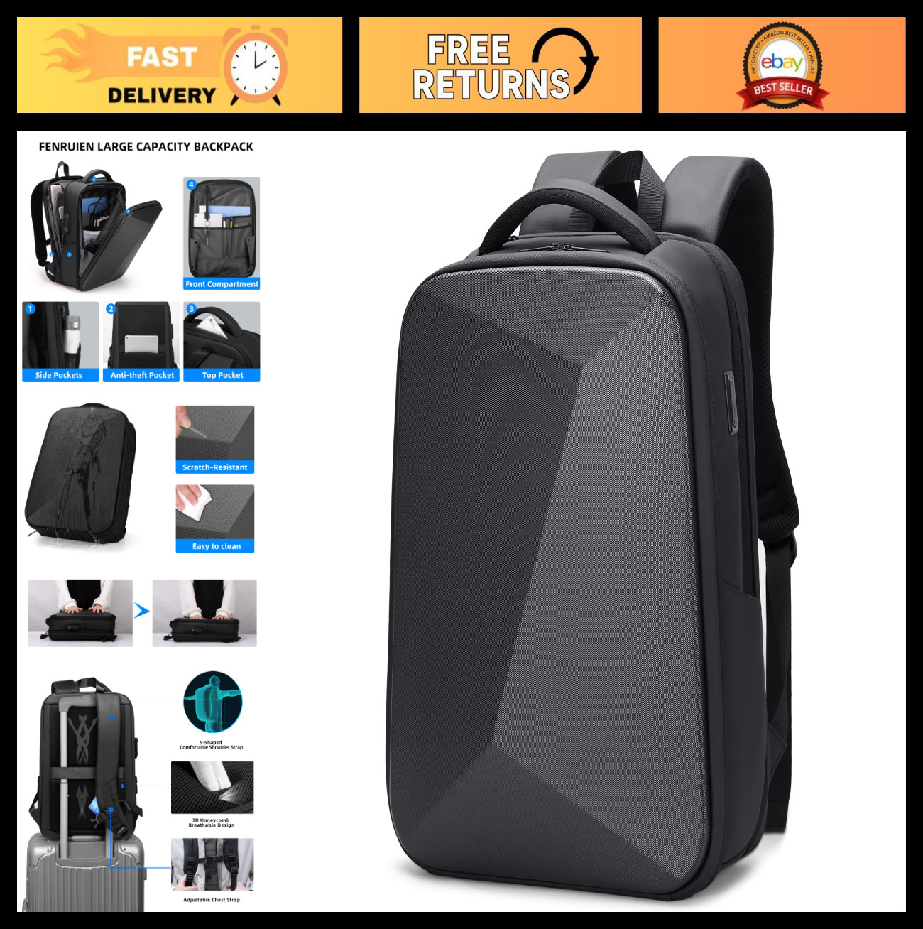 Anti-Theft Laptop Backpack, Expandable Water-Resistant Hardshell, USB Port, 15.6
