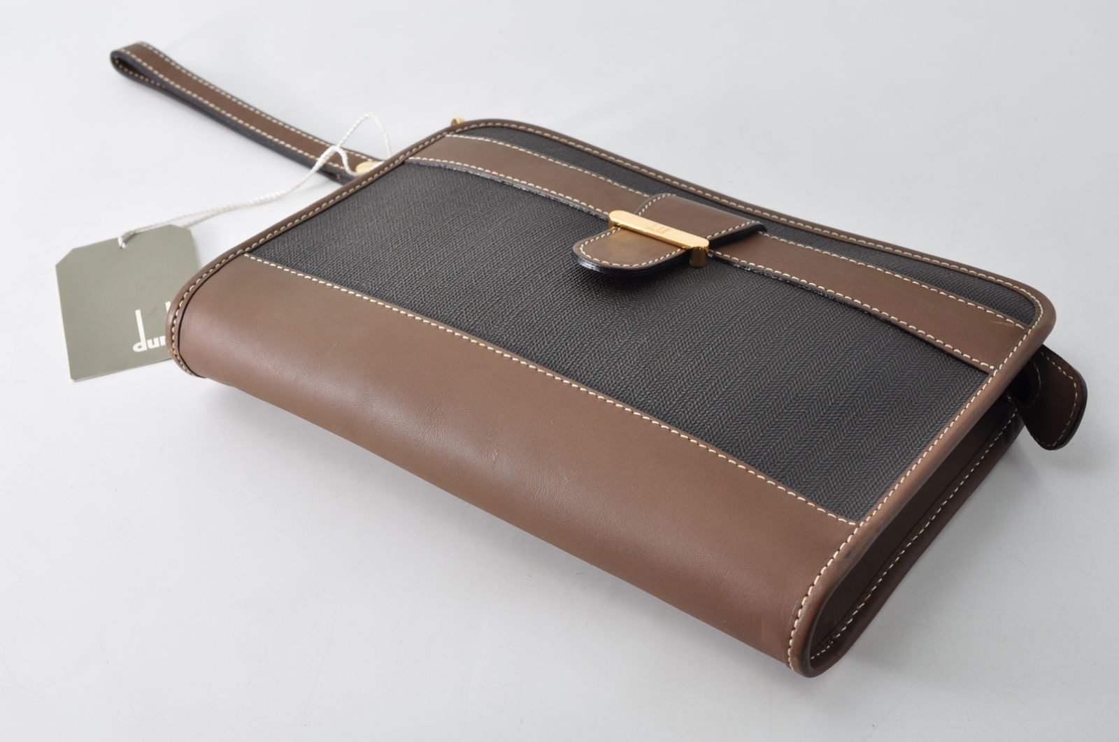 Dunhill Black Brown Herringbone PVC Leather Clutch Bag 26cm